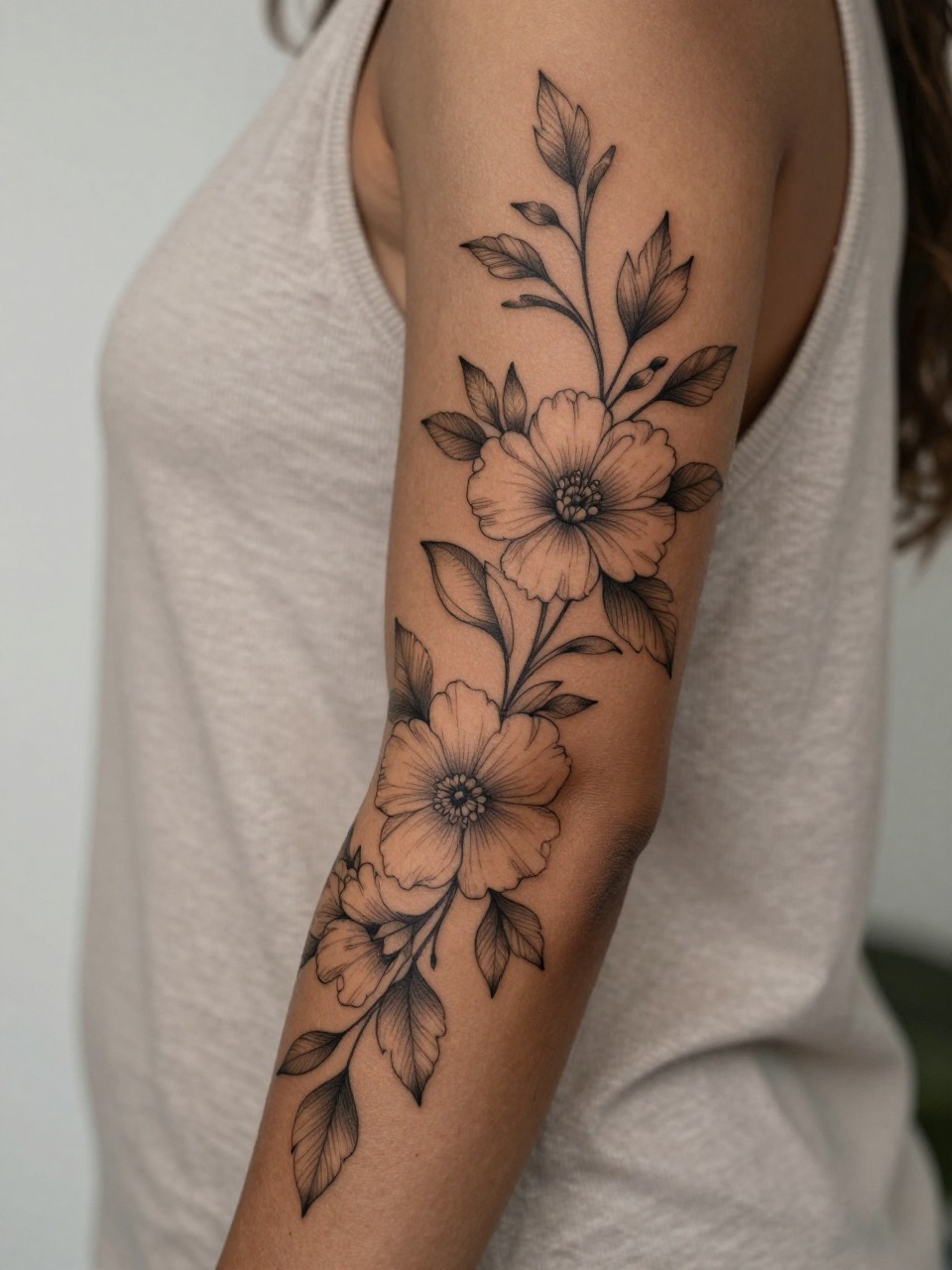 extreme close-up of a full floral and vine sleeve tattoo on deep brown skin, detailed blooming flowers and flowing leaves wrapping the entire arm, clean black ink, fine line with soft shading, elegant feminine composition, realistic skin texture, sleeveless neutral top visible, design-focused close-up, soft minimal background, modern tattoo inspiration photography (no watermarks on images)