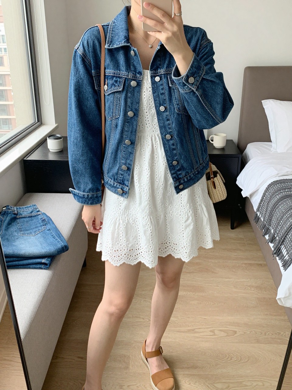 mirror selfie of a woman wearing the exact outfit described above, clearly showing a classic blue denim jean jacket with silver button details, white eyelet mini dress with soft texture, tan espadrille sandals, small woven crossbody bag, and a delicate layered necklace, holding a phone in front of a mirror, cropped at NECK so the face does not show, with a relaxed casual selfie pose, in a stylish city apartment, natural window light, including a coffee mug on a bedside table and folded denim jeans on a bench, latest iPhone photo quality.