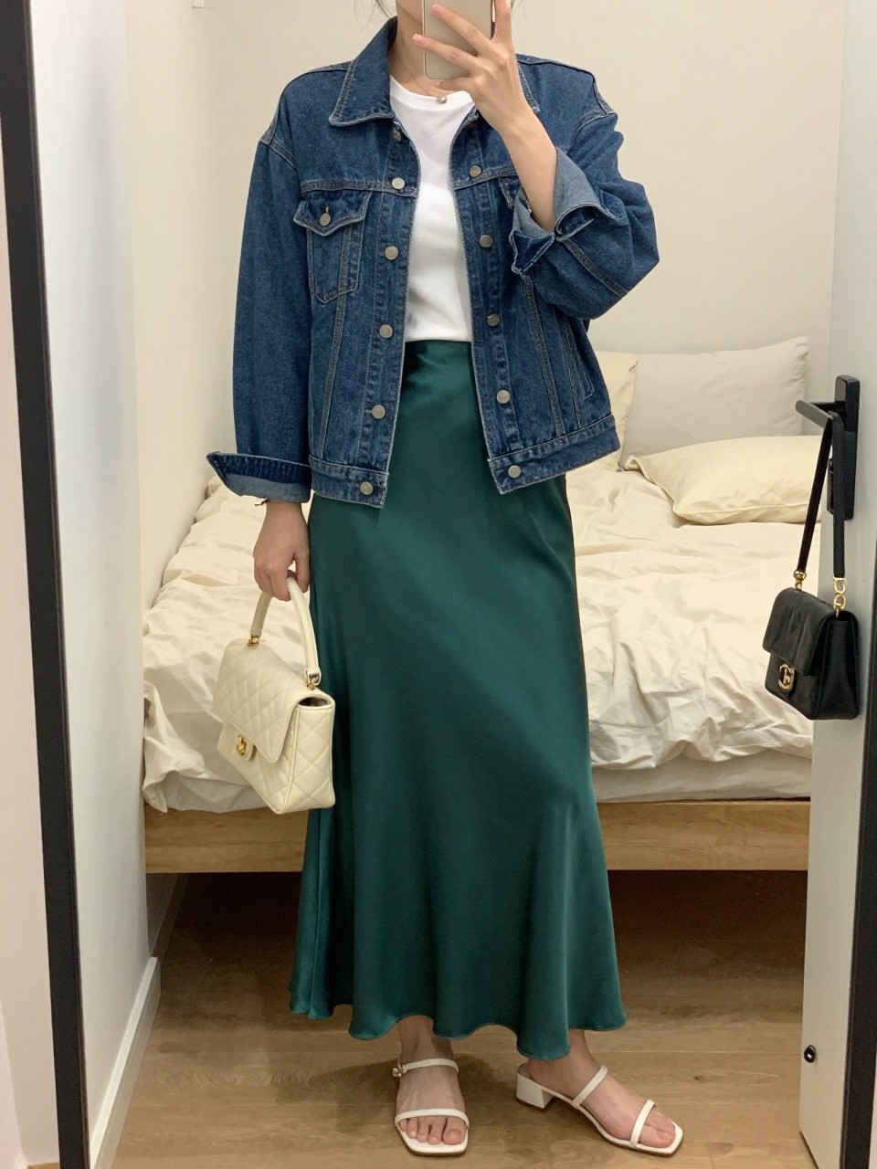 mirror selfie of a woman wearing the exact outfit described above, clearly showing a classic blue regular-fit denim jean jacket, white fitted short-sleeve tee, deep green satin maxi skirt, white low block-heel sandals, and a cream quilted mini bag, holding a phone in front of a mirror, cropped at NECK so the face does not show, with a relaxed casual selfie pose, in a cozy bedroom mirror setup, soft indoor lighting, including soft pillows on an unmade bed and a handbag hanging on a door handle, latest iPhone photo quality.