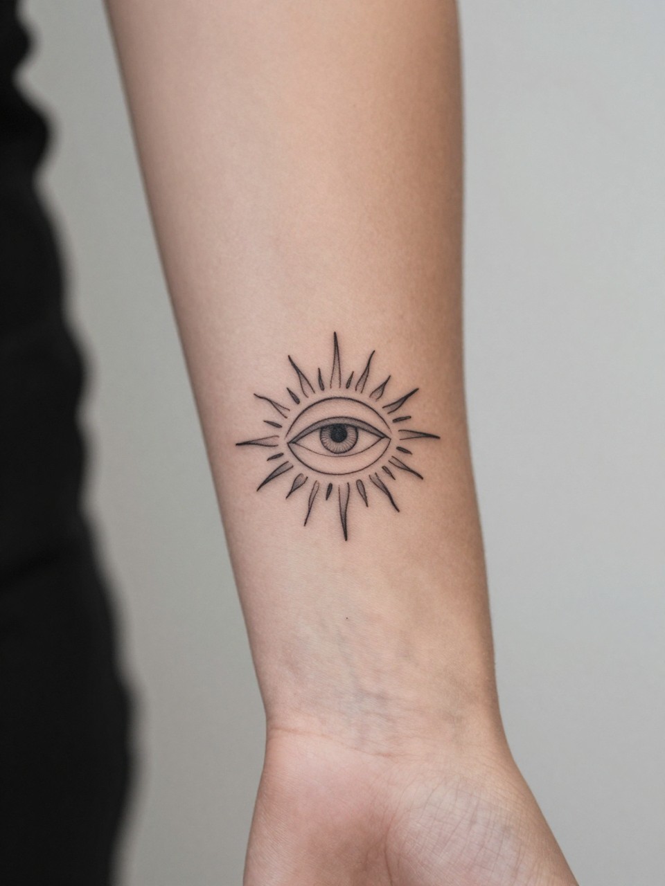 Image Prompt: "design-focused close-up of a boho flash tattoo with tiny sun and eye symbol on women's wrist, black ink, fine line rays, clean mystical detail, minimalist earthy boho style, realistic skin texture, bracelet nearby, minimal blurred background, modern feminine tattoo inspiration photo (no watermarks on images)"