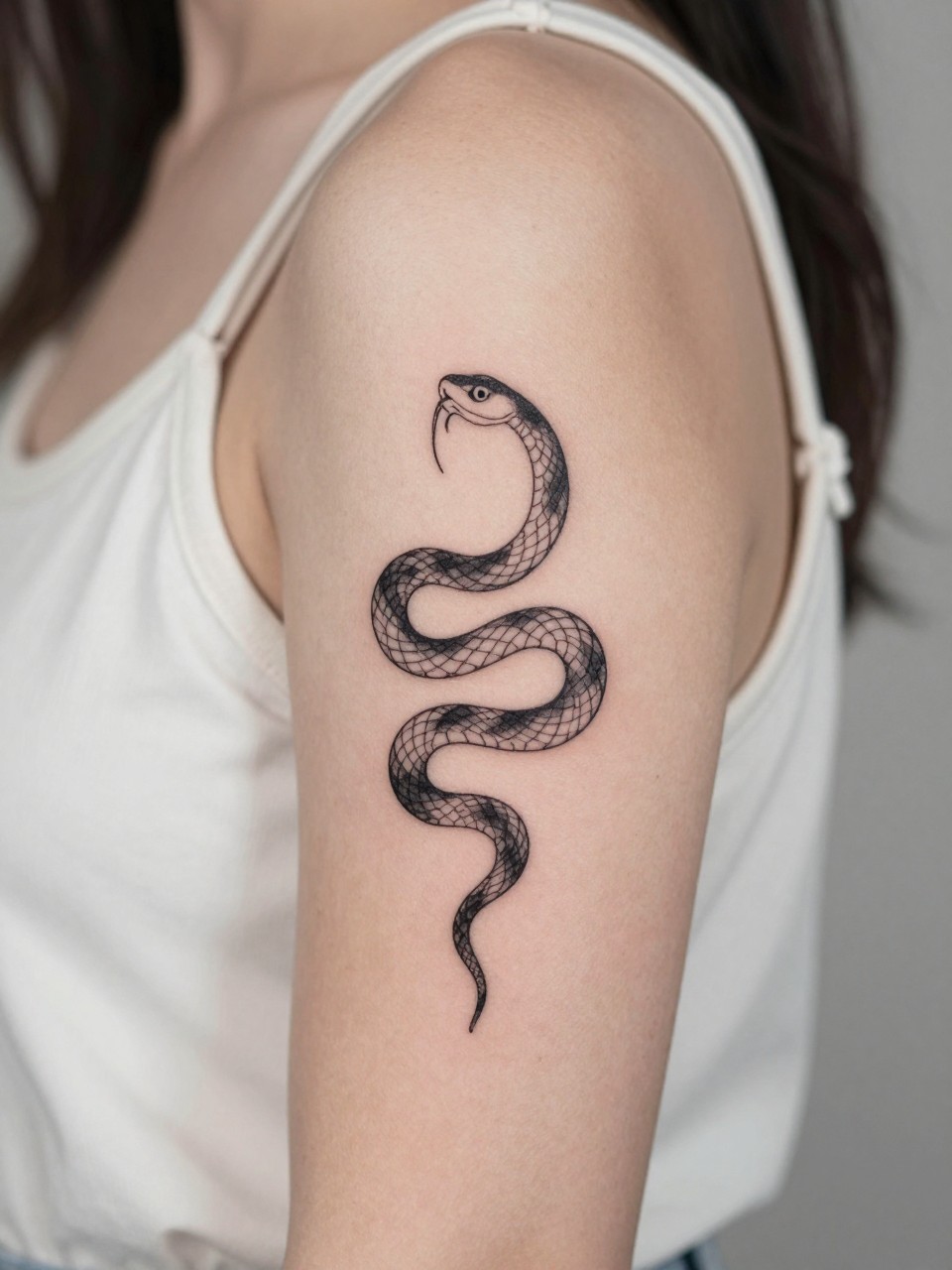 "close-up of a small snake with moon detail boho flash tattoo on women's upper arm, black ink, fine line snake, tiny crescent moon accent, clean mystical boho style, realistic skin texture, sleeveless blouse visible, design-focused close-up, blurred neutral background, modern tattoo photography (no watermarks on images)"