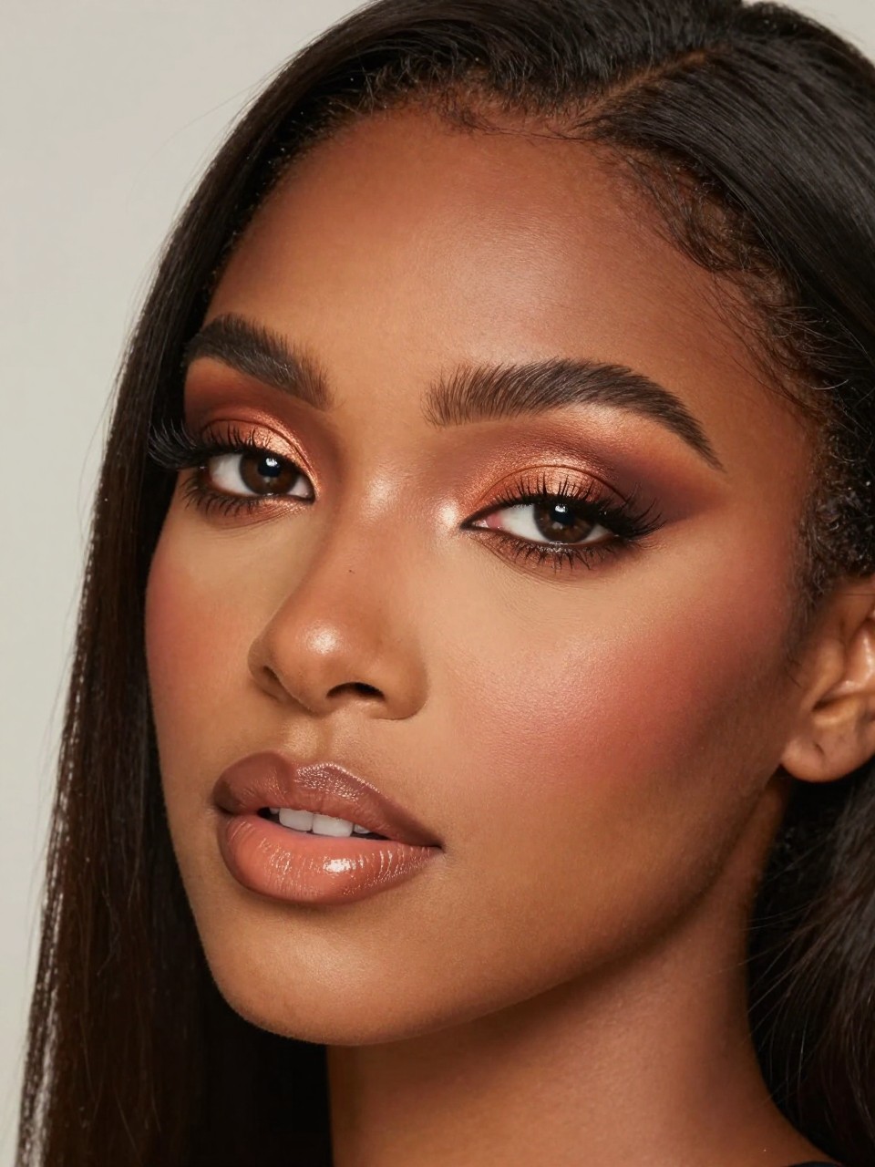 Super realistic close-up beauty portrait of a black woman wearing copper smoky eyes with warm brown depth, rich brown liner, terracotta blush, glossy toffee nude lips, and full lashes, shot from a three-quarter view, with diffused beauty studio lighting that clearly reveals the makeup texture and color, realistic skin texture, softly styled hair, minimal background, feminine modern beauty photography, latest iPhone photo quality.