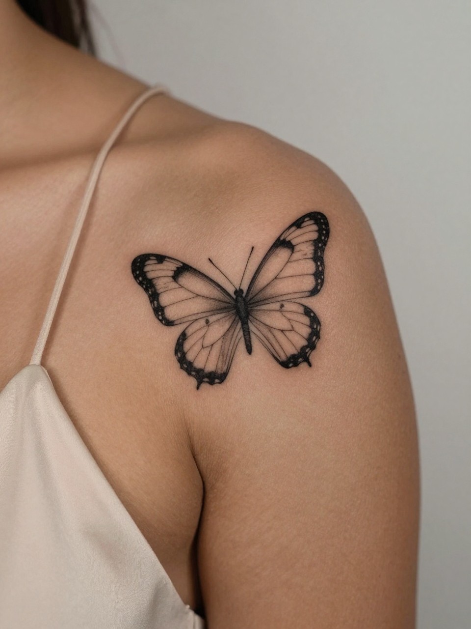 "macro shot of a fine line butterfly tattoo on rich brown skin at the shoulder, clean black ink, small wings with light detail, minimalist linework, realistic skin texture, silk blouse strap visible, design-first tattoo composition, soft neutral background, modern feminine tattoo inspiration image (no watermarks on images)"