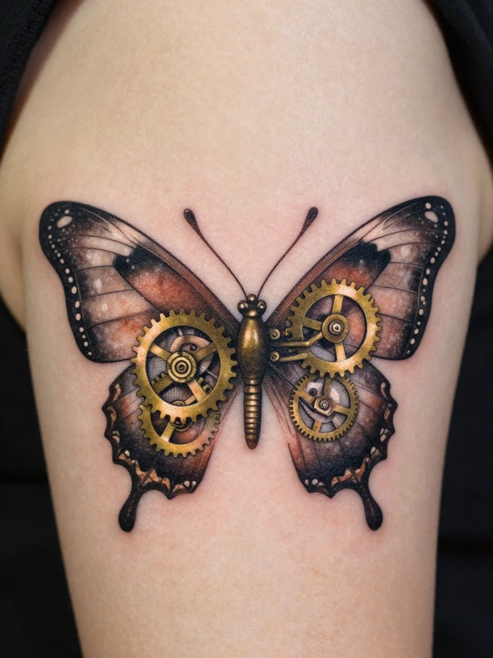 "Extreme detail shot of a calf tattoo: a brass-geared butterfly tattoo body, with translucent wings revealing intricate inner clockwork. Rendered in sepia and metallic inks."