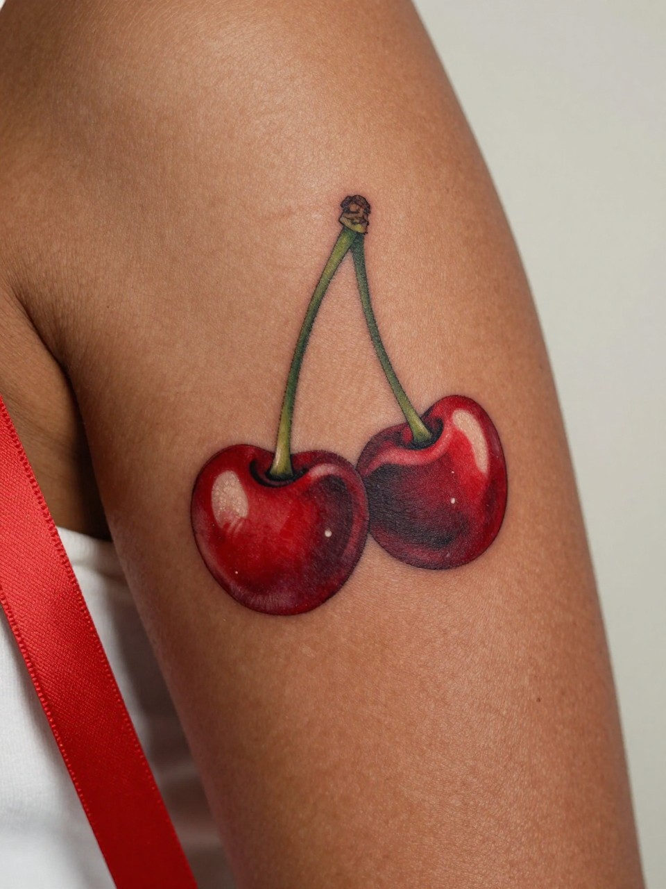 extreme close-up of a glossy red cherry tattoo on dark skin at the upper arm, rich red fruit, green stems, crisp linework, soft highlights, realistic skin texture, satin ribbon nearby, soft minimal background, design-focused feminine tattoo inspiration photography (no watermarks on images)