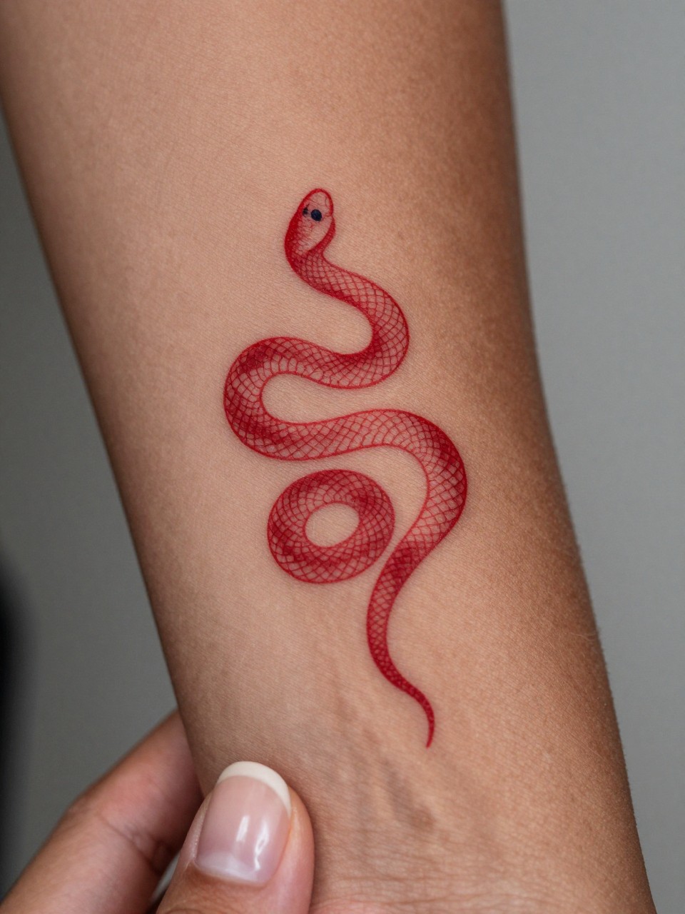 "macro shot of a small red snake tattoo on dark skin at the forearm, clean red ink, curved body, fine scale detail, minimalist but bold design, realistic skin texture, neutral manicure, tight crop, soft blurred background, design-first tattoo inspiration image (no watermarks on images)"