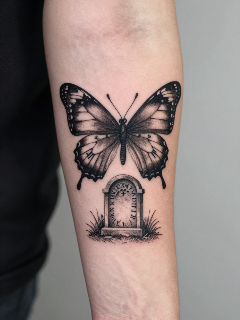 "Inner arm tattoo detail: a butterfly silhouette encompassing a tiny, detailed gothic tombstone with Roman numerals. Moody, fine-line work with deep shading."