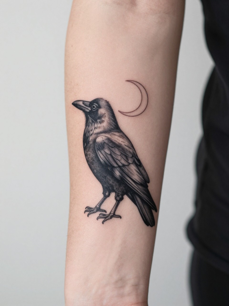 "design-focused close-up of a black crow and crescent moon tattoo on the forearm, fine line and blackwork style, soft shading on feathers, delicate crescent moon detail, realistic skin texture, neutral manicure, minimal soft background, modern feminine tattoo photography (no watermarks on images)"
