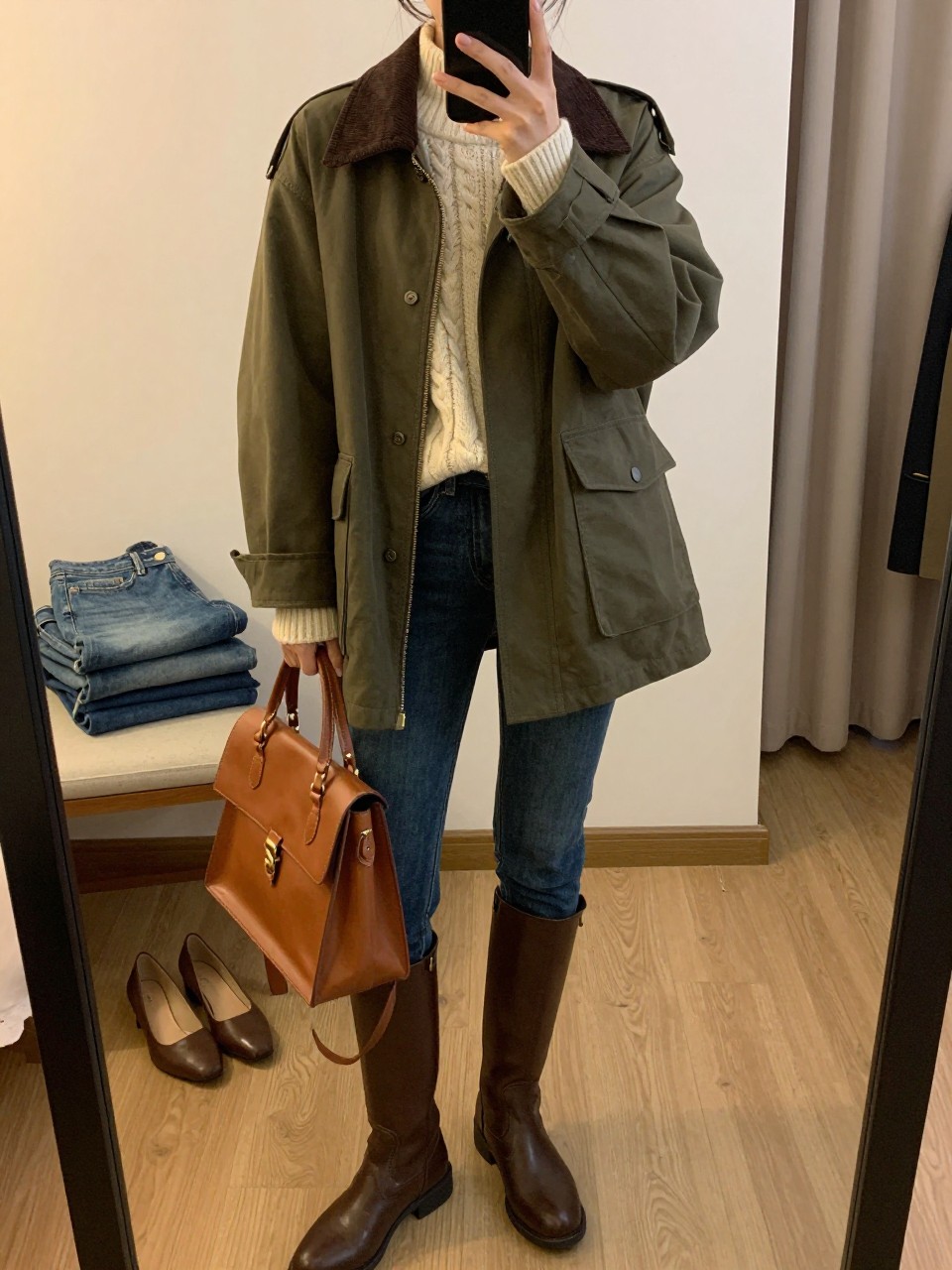 mirror selfie of a woman wearing the exact outfit described above, clearly showing an olive canvas barn jacket with a deep brown corduroy collar, cream cable-knit sweater, dark blue skinny jeans, brown riding boots, and a dark tan leather satchel, holding a phone in front of a mirror, cropped at NECK so the face does not show, with a relaxed casual selfie pose, in a cozy bedroom mirror setup, evening golden hour, including folded denim jeans on a bench and a pair of heels on the floor nearby, latest iPhone photo quality.