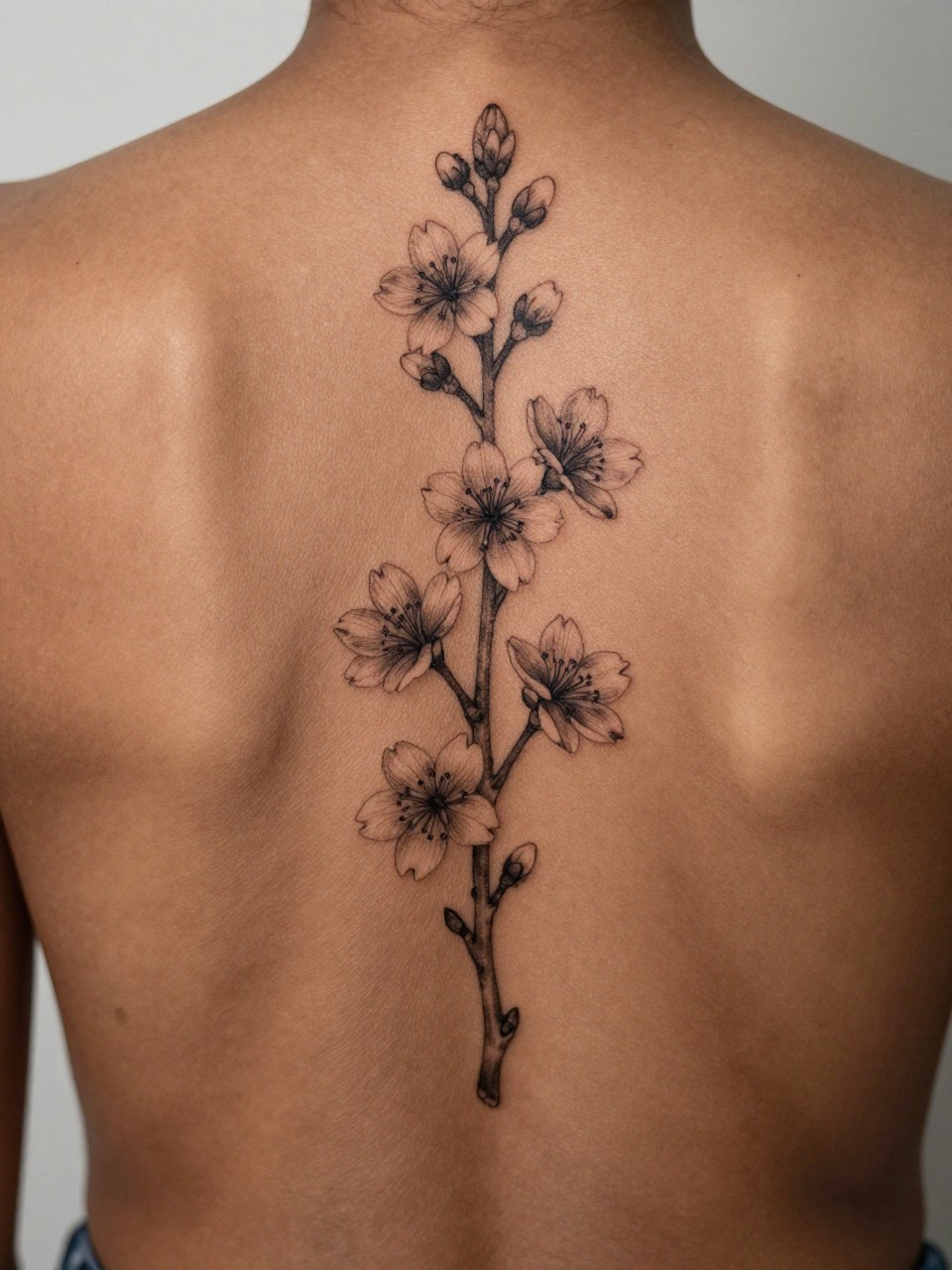 extreme close-up of a cherry blossom spine tattoo on rich brown skin, black ink branch with delicate blossoms running vertically down the back, fine line floral detail, soft shading, realistic skin texture, open-back top visible, soft minimal background, design-focused feminine tattoo inspiration photography (no watermarks on images)