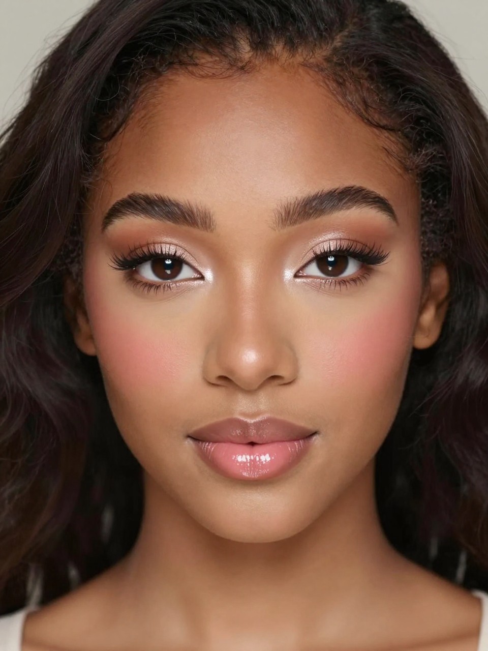 Super realistic close-up beauty portrait of a teenage black woman with brown eyes wearing cute prom makeup, featuring soft taupe crease shading, smooth beige lids, bright pearl-white inner-corner glow extending slightly onto the inner lid, clean lifted lashes, beige-rose blush, soft pink-beige glossy lips, polished natural brows, realistic skin texture with a silky satin glow, shot from a front-facing beauty portrait, with soft elegant lighting that clearly reveals the pearl eye brightness, fresh skin, and gloss finish, gentle face-framing curls, blurred sophisticated neutral background, feminine modern beauty photography, latest iPhone photo quality.