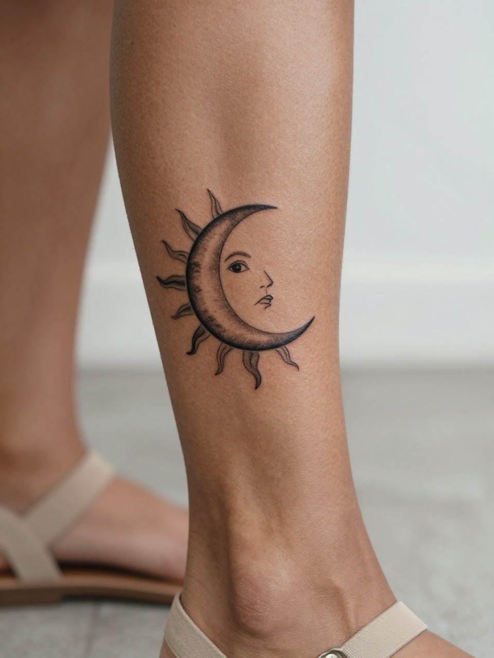 "design-focused close-up of a sun and moon tattoo on dark skin at the calf, black ink, clean linework, soft shading, medium-size celestial design, realistic skin texture, neutral sandal strap nearby, soft blurred background, modern feminine tattoo inspiration photography (no watermarks on images)"