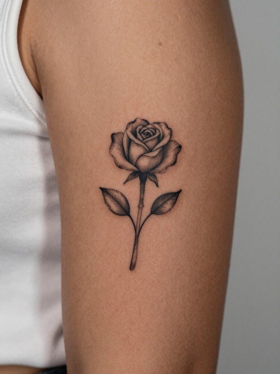 "extreme close-up of a mini rose tattoo on deep brown skin at the upper arm, black ink, fine line petals, clean delicate stem, small floral design, realistic skin texture, silk blouse edge visible, minimal background, modern feminine tattoo inspiration photo (no watermarks on images)"