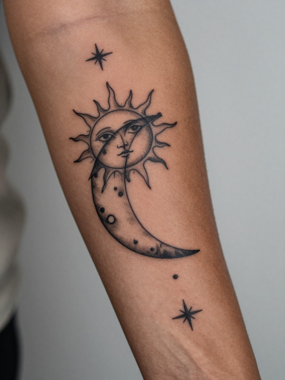 macro shot of a sun and moon contrast sleeve tattoo on rich brown skin, celestial symbols flowing across the arm, black ink, fine line details with soft shading, balanced feminine composition, realistic skin texture, satin ribbon nearby, design-first close-up, neutral minimal background, tattoo inspiration image (no watermarks on images)