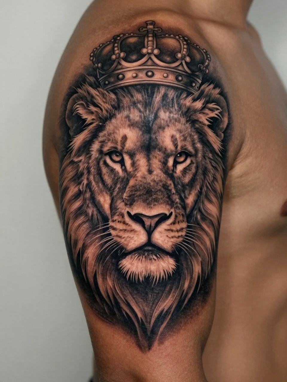 extreme close-up of a lion and crown full sleeve tattoo on deep brown skin, detailed lion face with strong eyes and full mane, crown above the head, black and grey ink, rich shading, bold masculine linework, realistic skin texture, tight crop, design-focused tattoo visibility, fresh haircut edge visible, minimal soft background, modern tattoo inspiration photography (no watermarks on images)