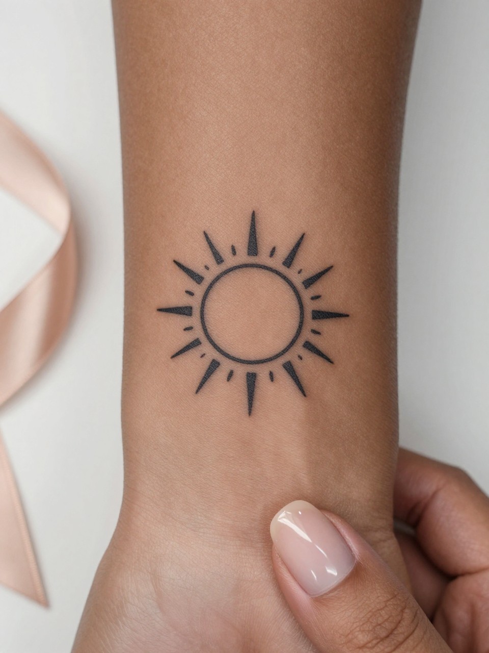 "extreme close-up of a little sun outline tattoo on deep brown skin at the forearm, clean black ink, thin rays, small minimalist shape, realistic skin texture, neutral manicure, satin ribbon nearby, design-focused close-up, soft minimal background, modern tattoo inspiration image (no watermarks on images)"