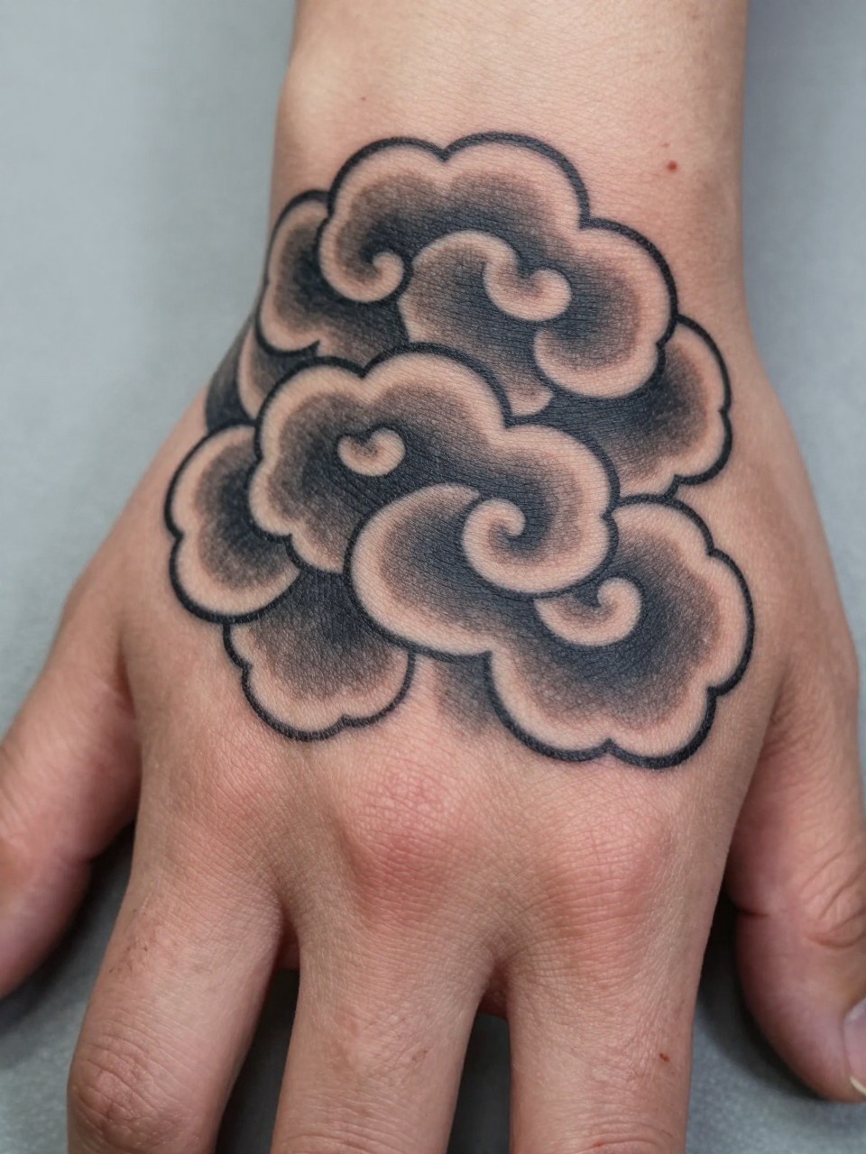 extreme close-up of a Japanese cloud tattoo on the back of the hand, bold traditional cloud shapes, black and grey ink, crisp linework, soft shading, realistic skin texture, design-focused close-up, soft neutral background, modern tattoo inspiration photography (no watermarks on images)