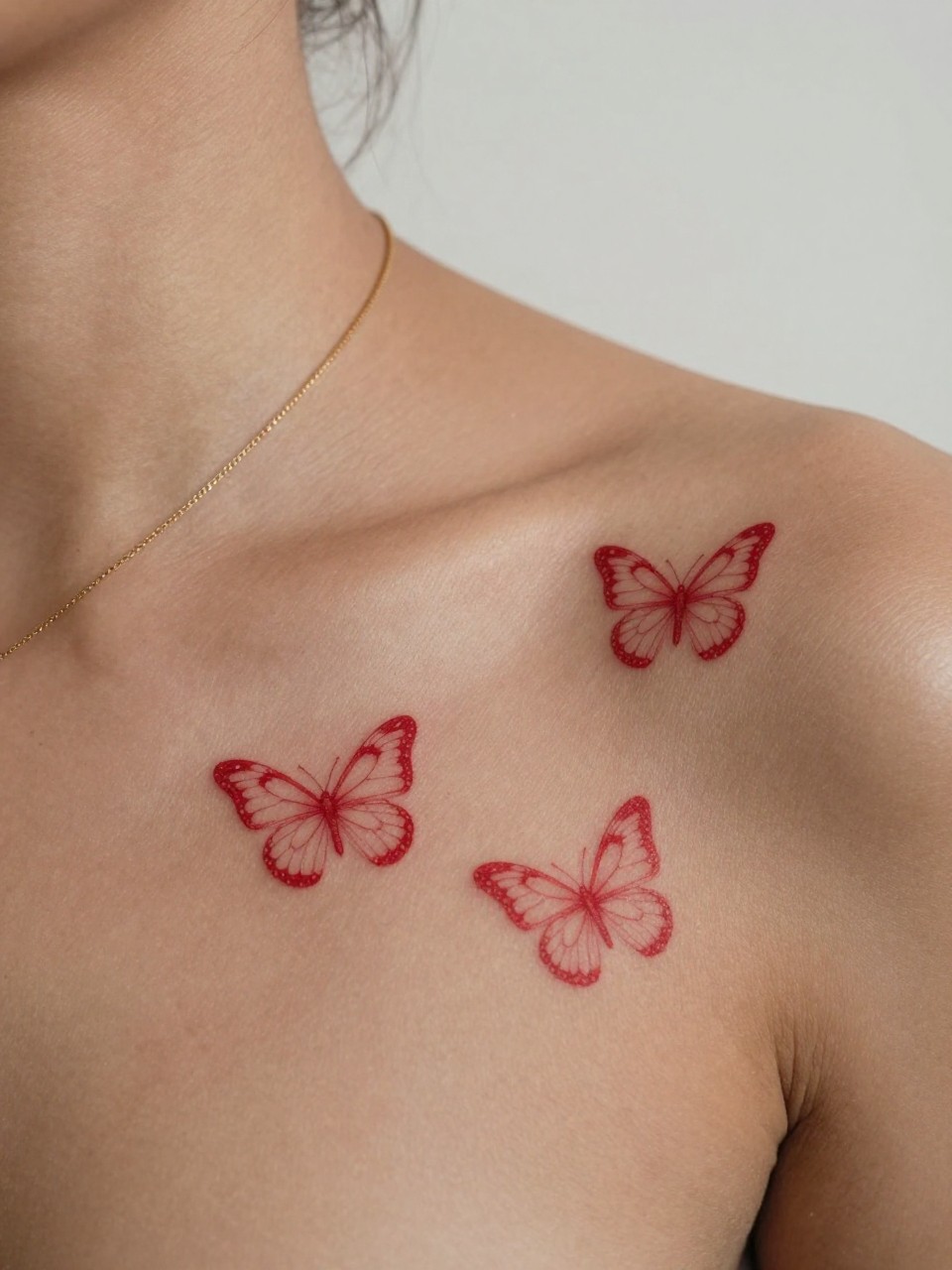 "close-up of three tiny red butterfly tattoos on dark skin at the collarbone, clean red ink, fine line wing detail, soft delicate composition, realistic skin texture, gold necklace chain visible, tight crop, minimal soft background, modern feminine tattoo inspiration photography (no watermarks on images)"