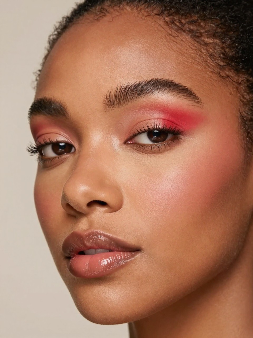 Super realistic close-up beauty portrait of a black woman wearing soft beige and taupe-brown eyelids with a vivid poppy-red inner-corner color pop extending slightly onto the front of the lid, natural separated lashes, warm beige-rose blush, glossy brown nude lips, softly groomed brows, realistic skin texture with a smooth natural finish, shot from a three-quarter beauty angle, with crisp diffused lighting that clearly reveals the red inner-corner placement, neutral eye balance, and gloss shine, sleek tucked-back hair, minimal soft taupe background, feminine modern beauty photography, latest iPhone photo quality.