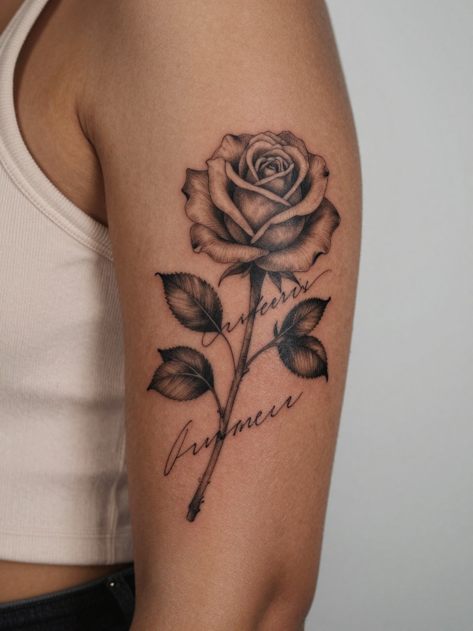 close-up of a rose and script sleeve tattoo on deep brown skin, layered roses with fine line cursive words between them, black ink with soft shading, elegant feminine flow, realistic skin texture, sleeveless blouse edge visible, design-focused close-up, neutral minimal background, modern tattoo photography (no watermarks on images)
