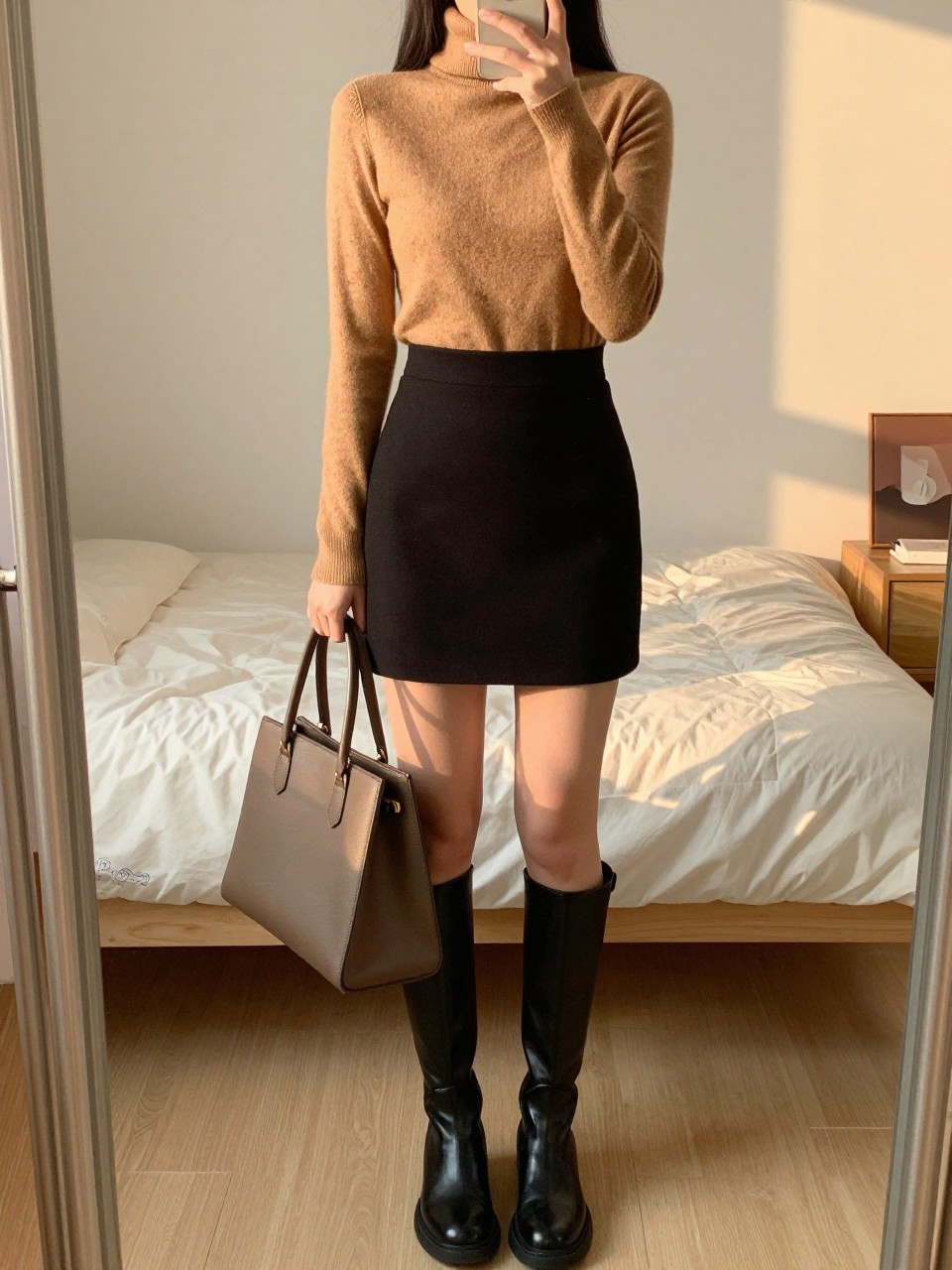 iPhone mirror selfie of a woman in a camel turtleneck tucked into a black mini skirt with black knee-high boots, holding a structured tote, cropped at NECK so face doesn't show, in a feminine-themed bedroom, evening golden hour, iPhone photo quality.