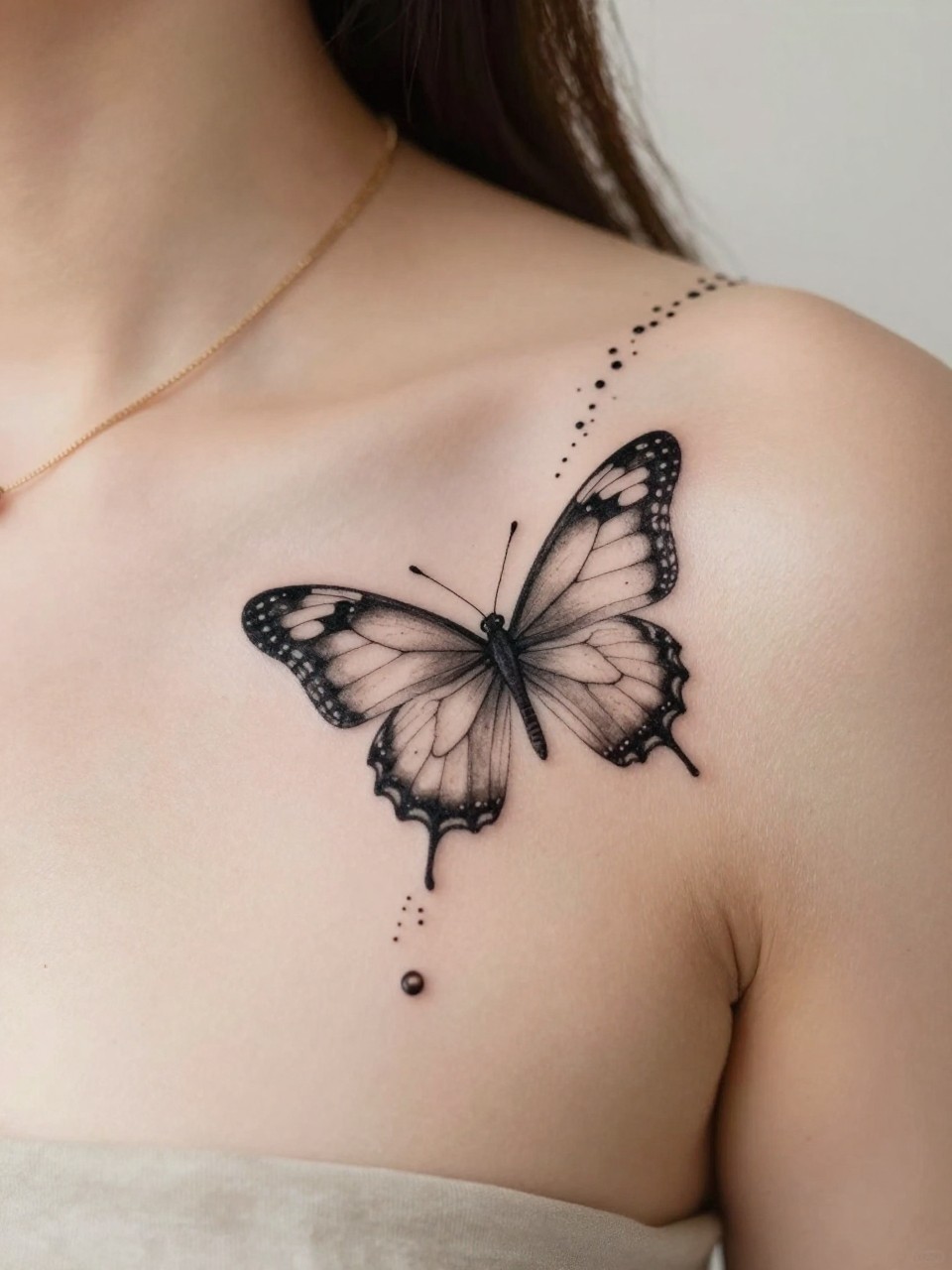 "macro shot of a butterfly with dotwork trail boho flash tattoo on women's collarbone, black ink, fine line wings, soft dotted movement detail, feminine boho style, realistic skin texture, soft gold necklace visible, tight crop, design-first tattoo composition, soft neutral background, tattoo inspiration image (no watermarks on images)"