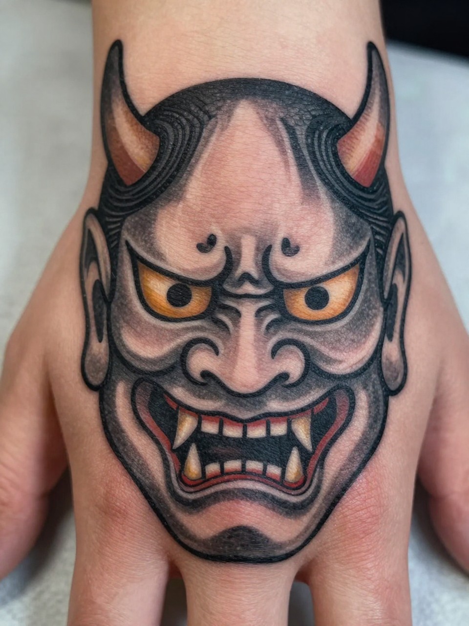 extreme close-up of a traditional Japanese Hannya mask tattoo on the back of the hand, fierce facial expression, horns, sharp teeth, black and grey ink, bold traditional linework, smooth shading, realistic skin texture, design-focused close-up, minimal neutral background, modern tattoo inspiration photography (no watermarks on images)