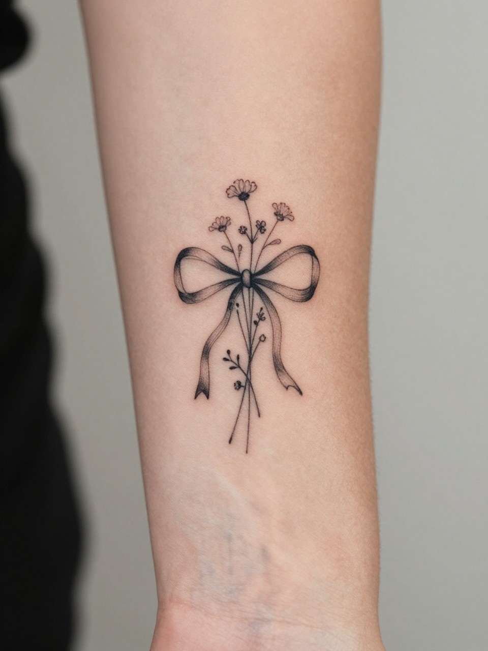 "extreme close-up of a bow and wildflower bundle boho flash tattoo on women's wrist, black ink, fine line tied stems, tiny flower details, clean earthy feminine style, realistic skin texture, delicate bracelet visible, soft minimal background, design-focused tattoo inspiration photography (no watermarks on images)"