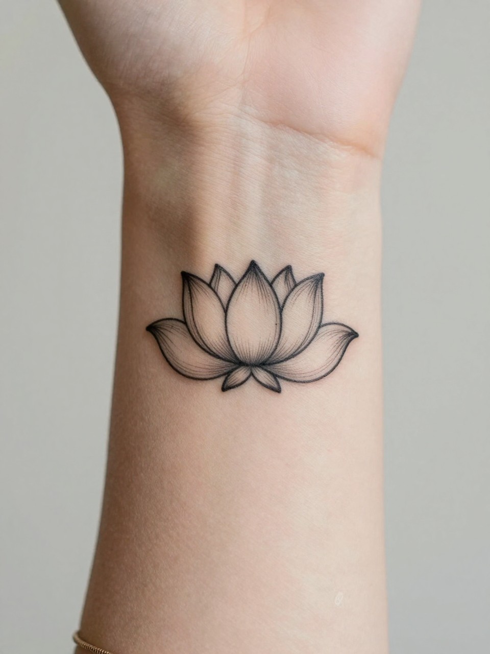 extreme close-up of a small lotus outline tattoo on women's wrist, clean black ink, fine line petals, minimalist earthy boho hippie style, realistic skin texture, delicate bracelet visible, soft minimal background, design-focused tattoo inspiration photography (no watermarks on images)