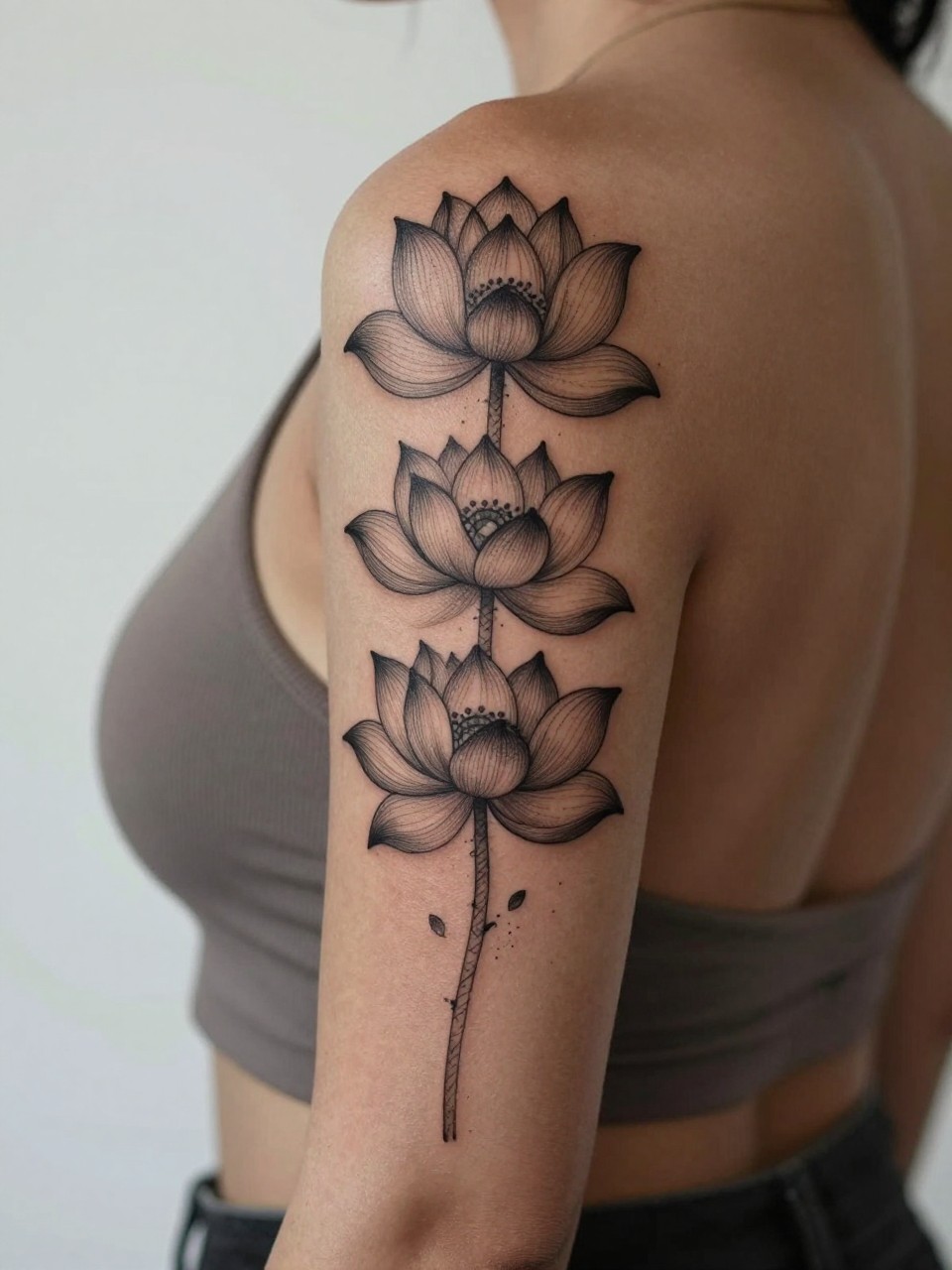 design-focused close-up of a vertical lotus spine tattoo on dark skin, layered lotus blooms placed down the center of the back, black ink, fine line petal detail, soft dotwork accents, realistic skin texture, open-back top visible, tight crop, minimal blurred background, feminine modern tattoo inspiration photo (no watermarks on images)