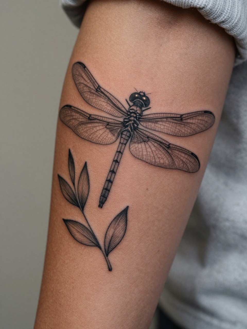 extreme close-up of a dragonfly and leaf sleeve tattoo on dark skin, detailed dragonflies with slender wings and flowing leaves along the arm, clean black ink, fine line style, realistic skin texture, soft knit sleeve edge visible, blurred neutral background, design-focused feminine tattoo photo (no watermarks on images)