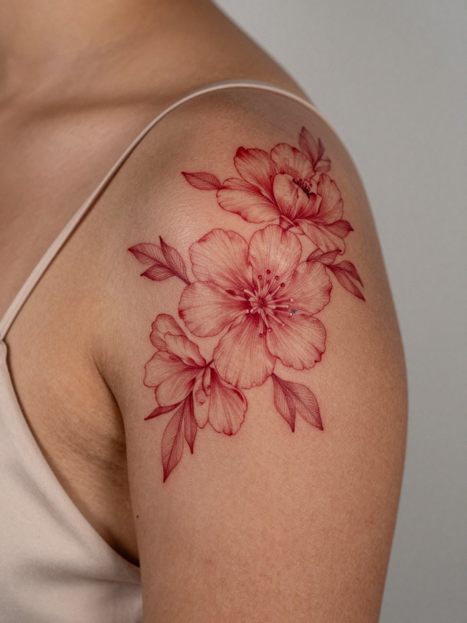"close-up of a red flower cluster tattoo on rich brown skin at the shoulder, clean red ink petals, fine line leaves, soft delicate floral grouping, realistic skin texture, satin blouse strap visible, design-focused close-up, minimal neutral background, feminine tattoo inspiration photography (no watermarks on images)"