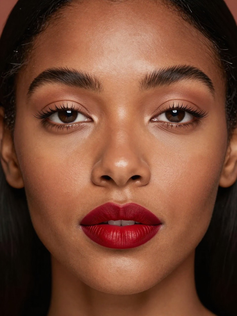 Super realistic close-up beauty portrait of a black woman wearing minimal soft bronze-beige eyelids, natural lifted lashes, warm honey-tan bronzed cheeks, a sharply defined burnt red-brown lip liner filled with matte brick red lipstick, softly sculpted brows, realistic skin texture with a natural warm finish, shot from a front-facing beauty portrait, with crisp diffused lighting that clearly reveals the matte red lip texture, minimal eye makeup, and skin detail, sleek center-part hair, minimal terracotta-toned background, feminine modern beauty photography, latest iPhone photo quality.