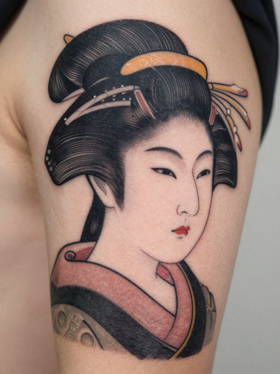 extreme close-up of a traditional Japanese geisha portrait tattoo on the upper arm, detailed face, styled hair, ornamental accessories, black and grey ink, soft shading, strong traditional linework, realistic skin texture, minimal soft background, design-focused tattoo inspiration photography (no watermarks on images)
