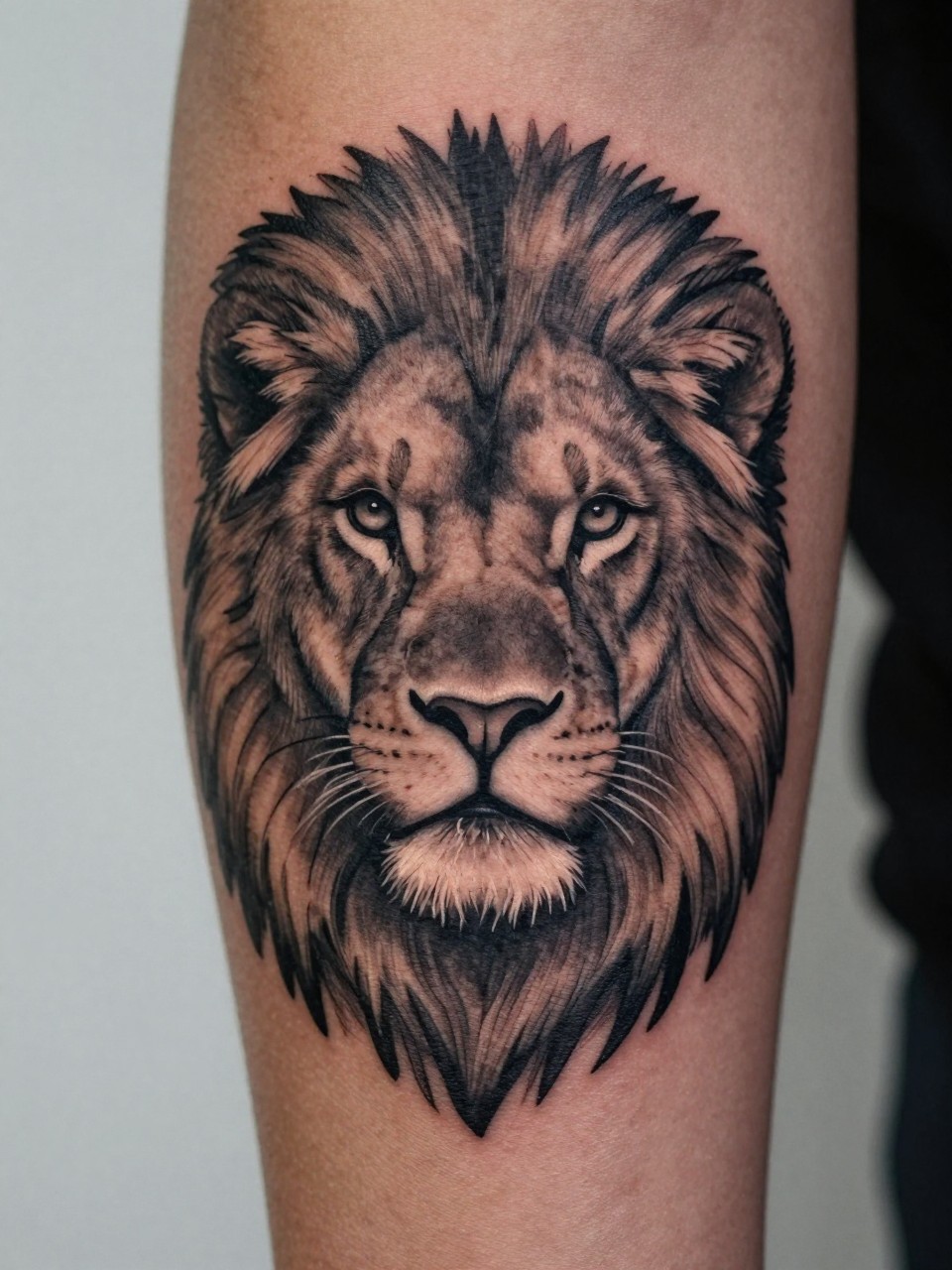 "macro shot of a lion head tattoo on dark skin at the side neck, black and grey ink, detailed mane, strong facial features, soft shading, clean bold linework, realistic skin texture, trimmed beard line, design-first close-up, minimal neutral background, tattoo inspiration image (no watermarks on images)"