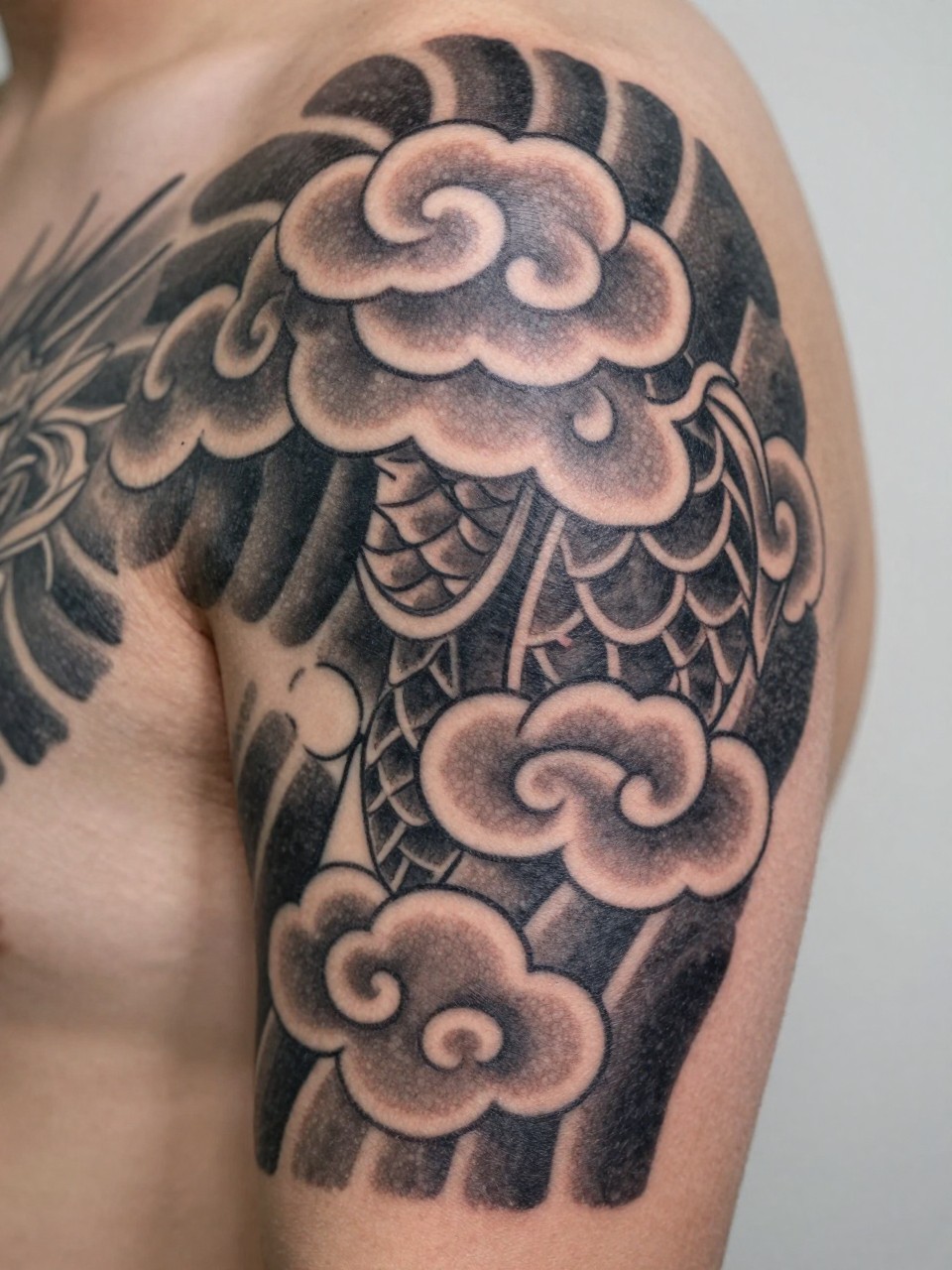 extreme close-up of Japanese cloud filler surrounding a dragon tattoo on the upper arm, bold traditional cloud shapes, partial dragon scales and whiskers visible, black and grey ink, strong linework, smooth shading, realistic skin texture, soft minimal background, design-focused tattoo inspiration photography (no watermarks on images)