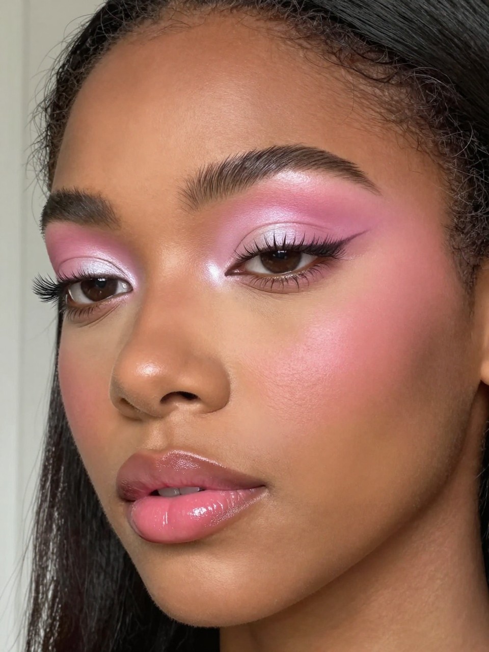 Super realistic close-up beauty portrait of a Black woman wearing cool pink eyeshadow blended over the lids with pale silver inner corner highlight, soft brown mascara, clean lightly radiant skin, cool rose blush, cool pink tinted lips, and feathered brows, shot from a three-quarter face angle, with diffused window light that clearly reveals the cool-toned eye colors and natural skin finish, realistic skin texture, softly styled hair, minimal neutral background, feminine modern beauty photography, latest iPhone photo quality (no watermarks on images).