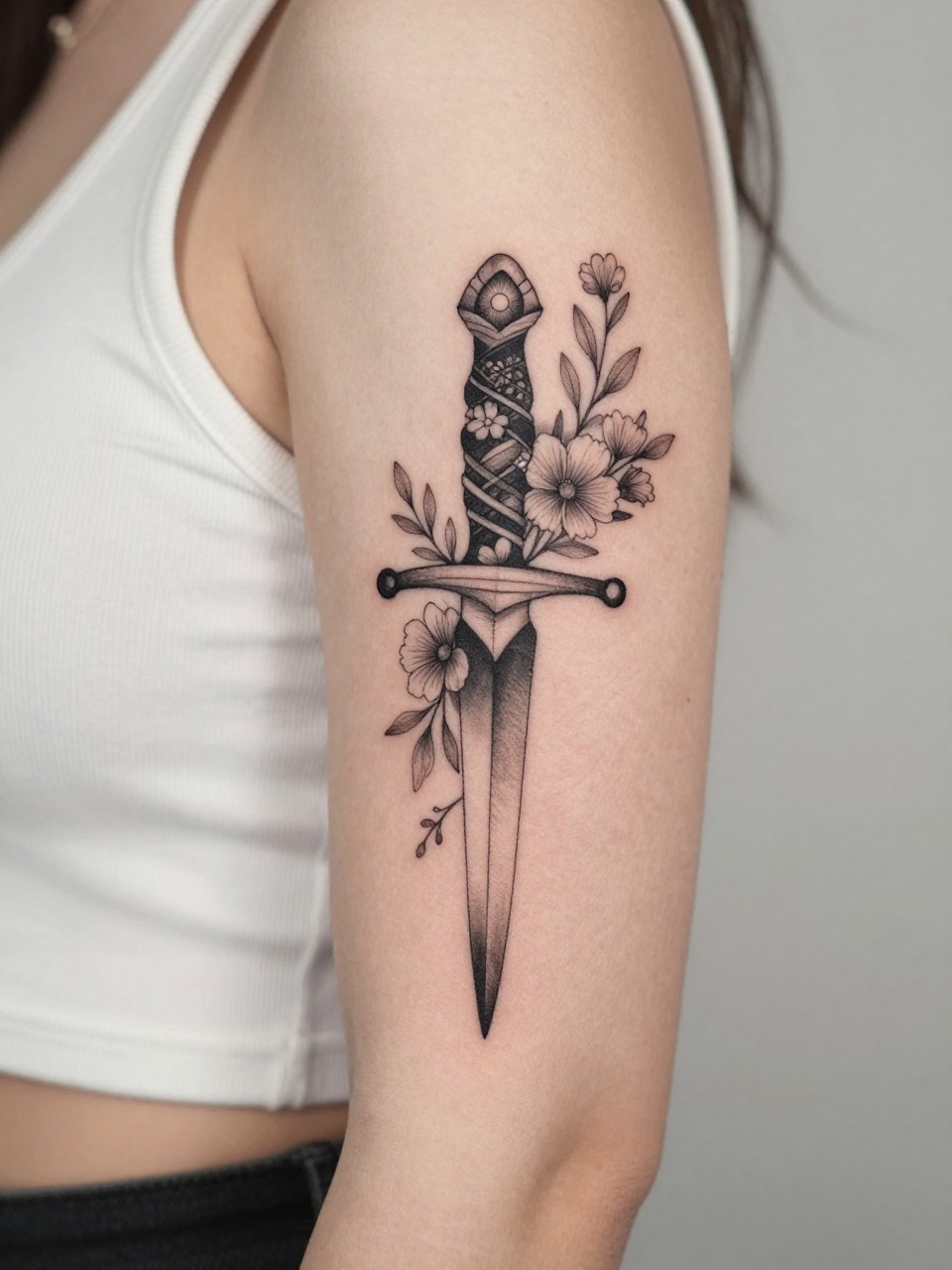 "macro shot of a floral dagger boho flash tattoo on women's upper arm, black ink, fine line dagger, tiny flowers and leaves wrapped around the blade, soft shading, realistic skin texture, sleeveless blouse visible, tight crop, design-first tattoo composition, soft neutral background, tattoo inspiration image (no watermarks on images)"