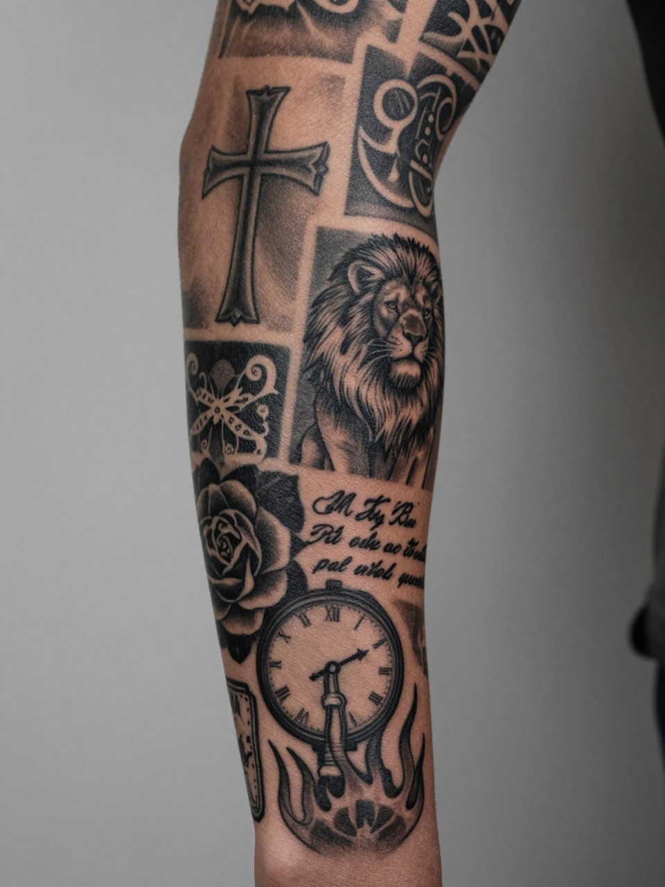 extreme close-up of a mixed symbol patchwork full sleeve tattoo on dark skin, separate tattoo pieces including cross, lion, rose, clock, script, and flame details covering the full arm, black and grey ink, clean contrast, realistic skin texture, design-focused close-up, minimal blurred background, modern masculine tattoo inspiration photography (no watermarks on images)