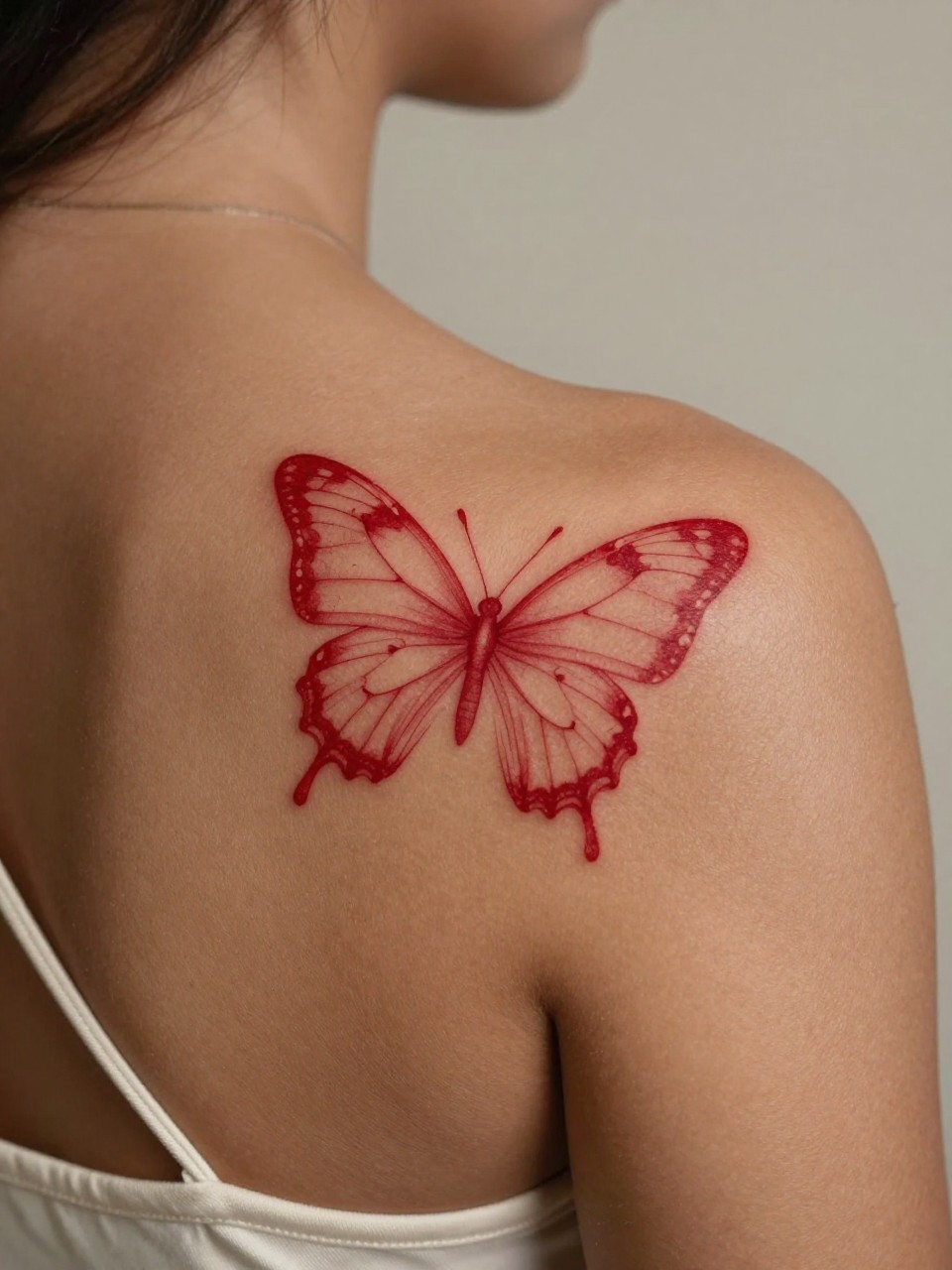 "design-focused close-up of a red butterfly tattoo on dark skin at the shoulder, clean red ink, delicate wing detail, fine line style with soft shading, realistic skin texture, satin strap visible, tight crop, minimal blurred background, feminine modern tattoo inspiration photo (no watermarks on images)"