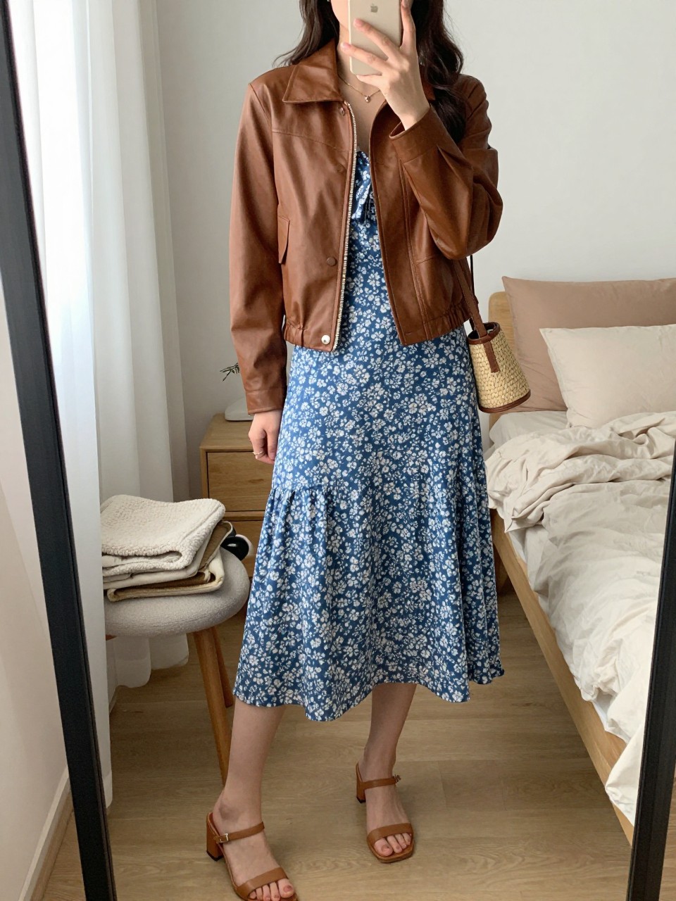 mirror selfie of a woman wearing the exact outfit described above, clearly showing a warm brown fitted-waist leather jacket, blue floral midi dress with a flowy shape, tan block-heel sandals, woven crossbody bag, and loose soft waves, holding a phone in front of a mirror, cropped at NECK so the face does not show, with a relaxed casual selfie pose, in a cozy bedroom mirror setup, natural window light, including soft pillows on an unmade bed and a folded blanket on a chair, latest iPhone photo quality.
