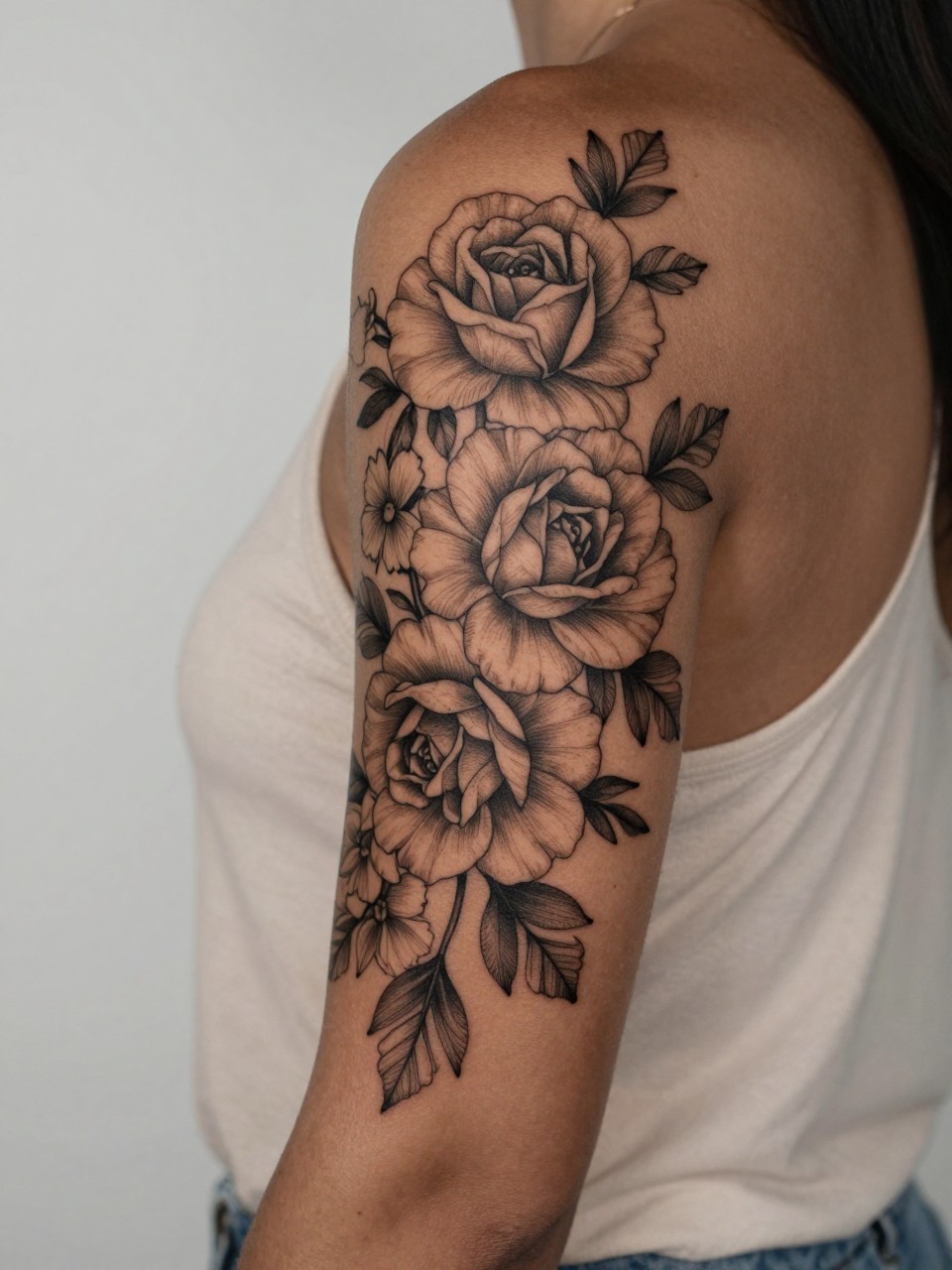 close-up of a shoulder-to-wrist floral sleeve tattoo on deep brown skin, large roses and smaller flowers flowing down the full arm, black ink, soft shading, fine line leaves, realistic skin texture, sleeveless blouse edge visible, design-focused composition, soft minimal background, modern feminine tattoo inspiration photography (no watermarks on images)