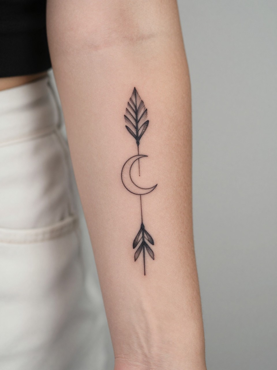 design-focused close-up of an arrow tattoo with moon detail on women's forearm, black ink, fine line arrow, tiny crescent moon accent, clean earthy boho hippie style, realistic skin texture, minimal blurred background, modern feminine tattoo inspiration photo (no watermarks on images)