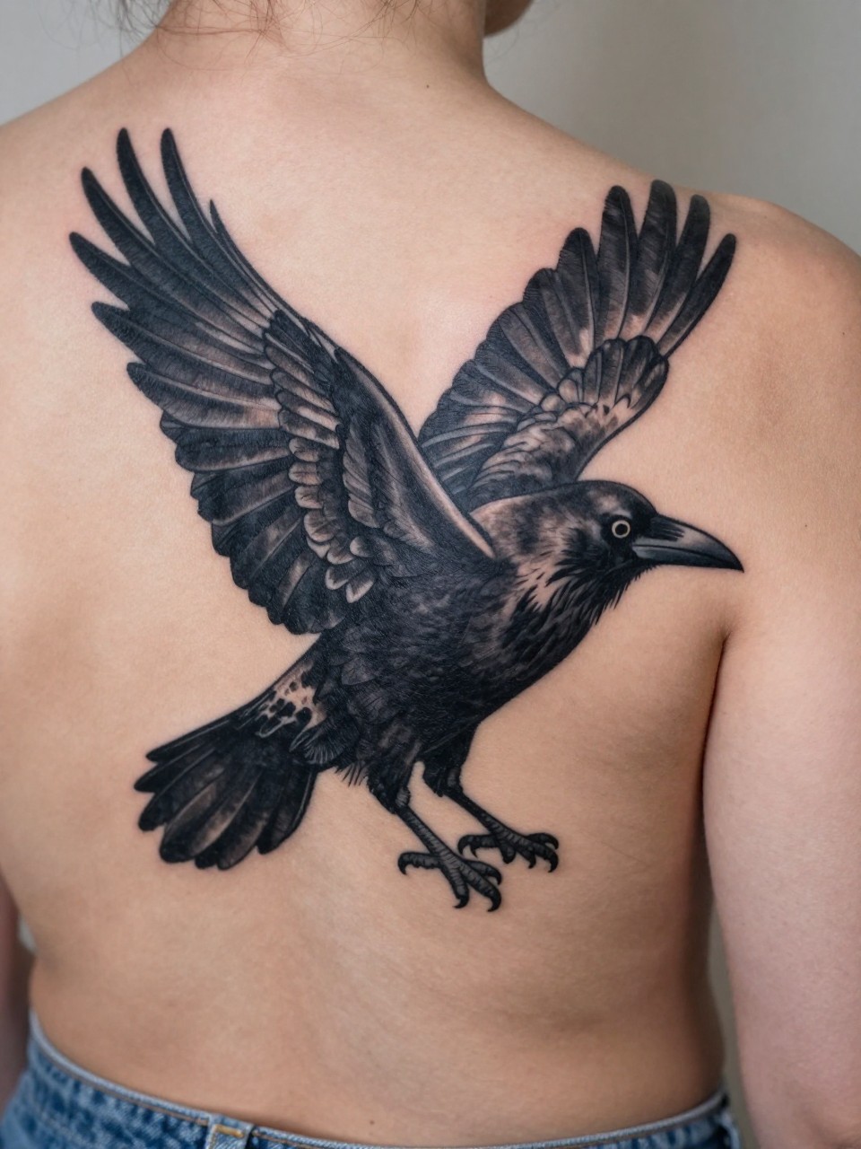 "macro shot of a black crow tattoo with open wings on the back of the arm, large wing span, deep black ink, soft shading in feathers, strong blackwork style, realistic skin texture, tight crop, soft denim edge, minimal neutral background, design-first tattoo photo (no watermarks on images)"