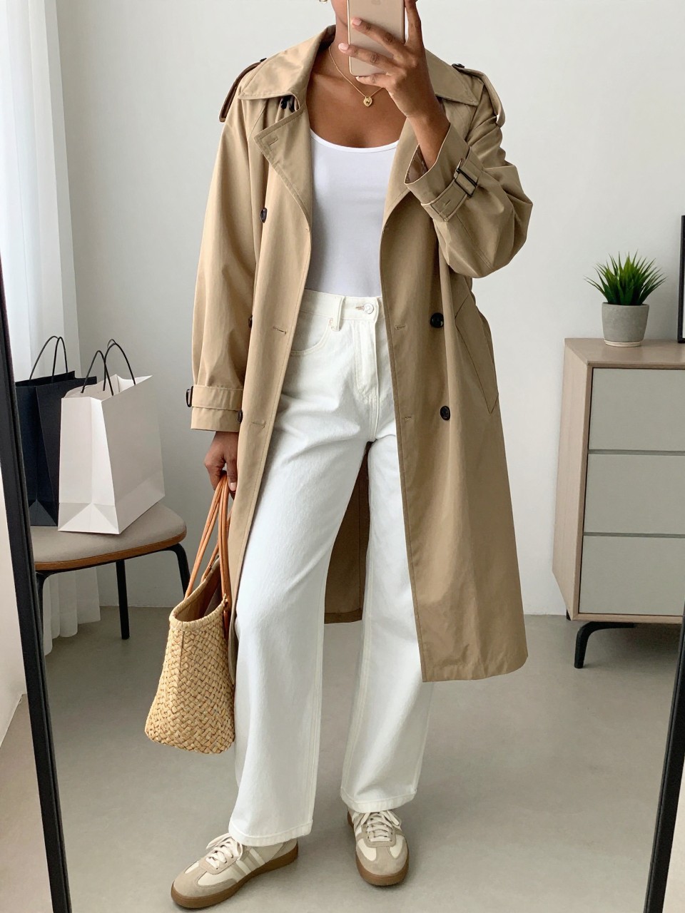 mirror selfie of a black woman wearing a tan lightweight windbreaker with a relaxed straight fit, a white fitted tank top, white high-waisted wide-leg denim jeans, beige casual sneakers, and a woven tan tote bag, holding a phone in front of a mirror, cropped at NECK so the face does not show, with a relaxed casual selfie pose, in a minimal dressing room, natural window light, including shopping bags beside a chair and a small plant on a dresser, latest iPhone photo quality. (no watermarks on images)