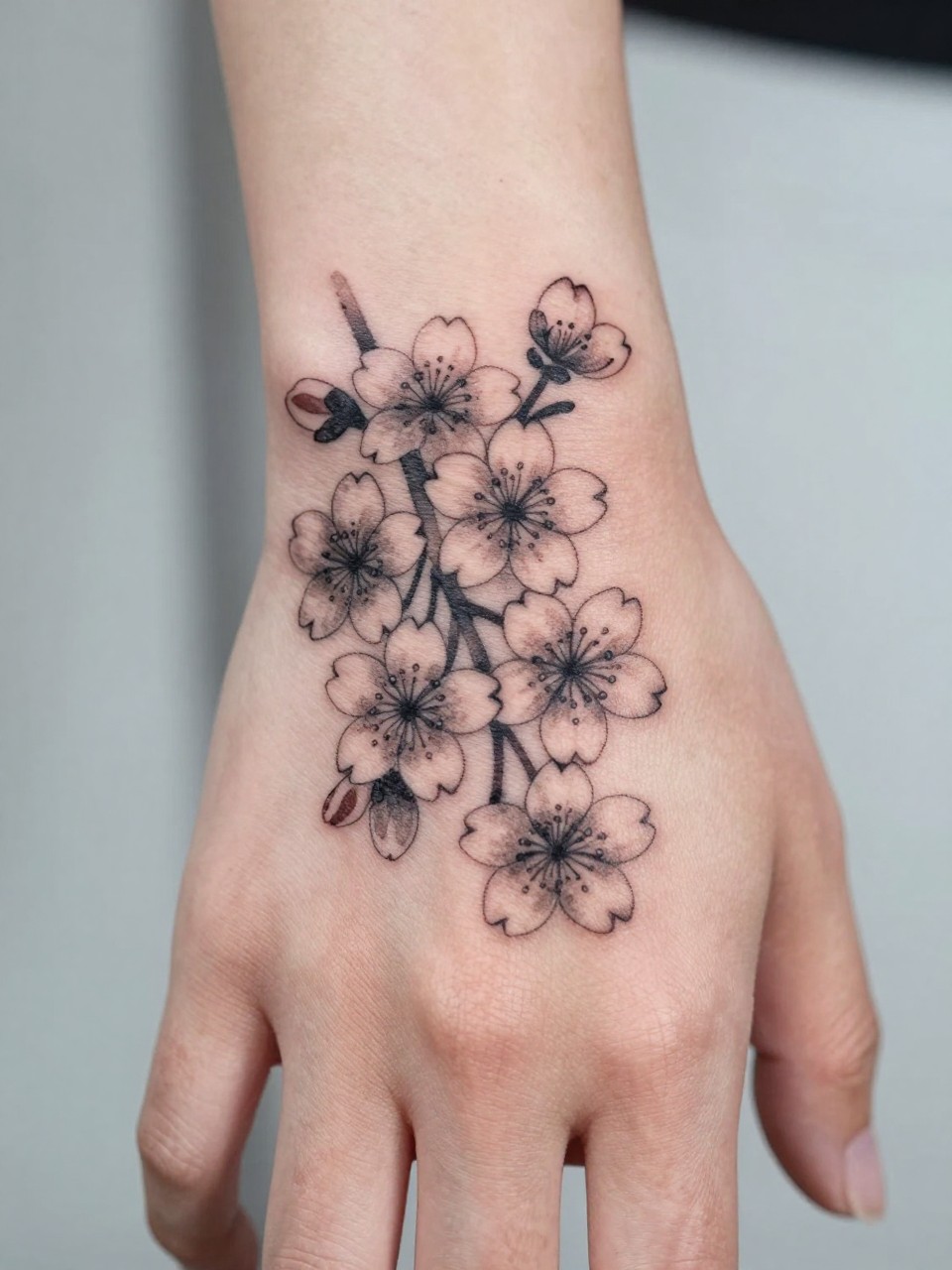 design-focused close-up of a traditional Japanese cherry blossom cluster tattoo on the back of the hand, fine blossoms, black and grey ink, soft shading, elegant traditional linework, realistic skin texture, minimal blurred background, modern tattoo inspiration photo (no watermarks on images)