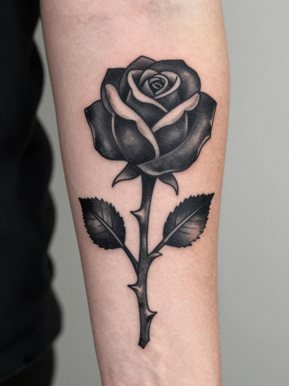 "close-up of a black rose with thorns tattoo on the forearm, dark petals, sharp thorny stem, black and grey shading, bold clean linework, realistic skin texture, design-focused close-up, minimal neutral background, modern tattoo photography (no watermarks on images)"