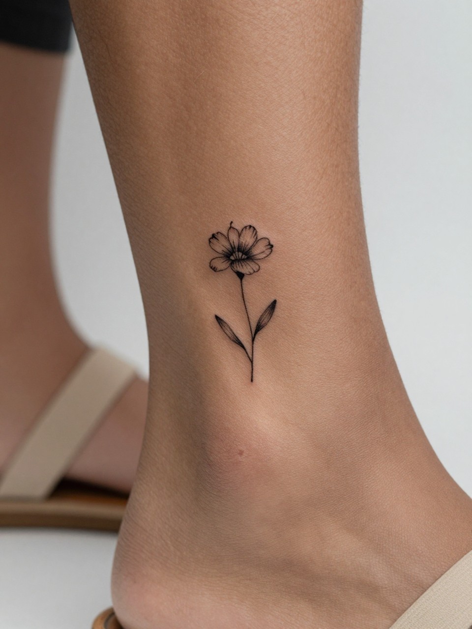 "design-focused close-up of a tiny flower stem tattoo on black skin at the ankle, small black ink bloom, fine line stem, minimal delicate detail, realistic skin texture, soft sandal strap nearby, tight crop, minimal blurred background, modern feminine tattoo inspiration photo (no watermarks on images)"