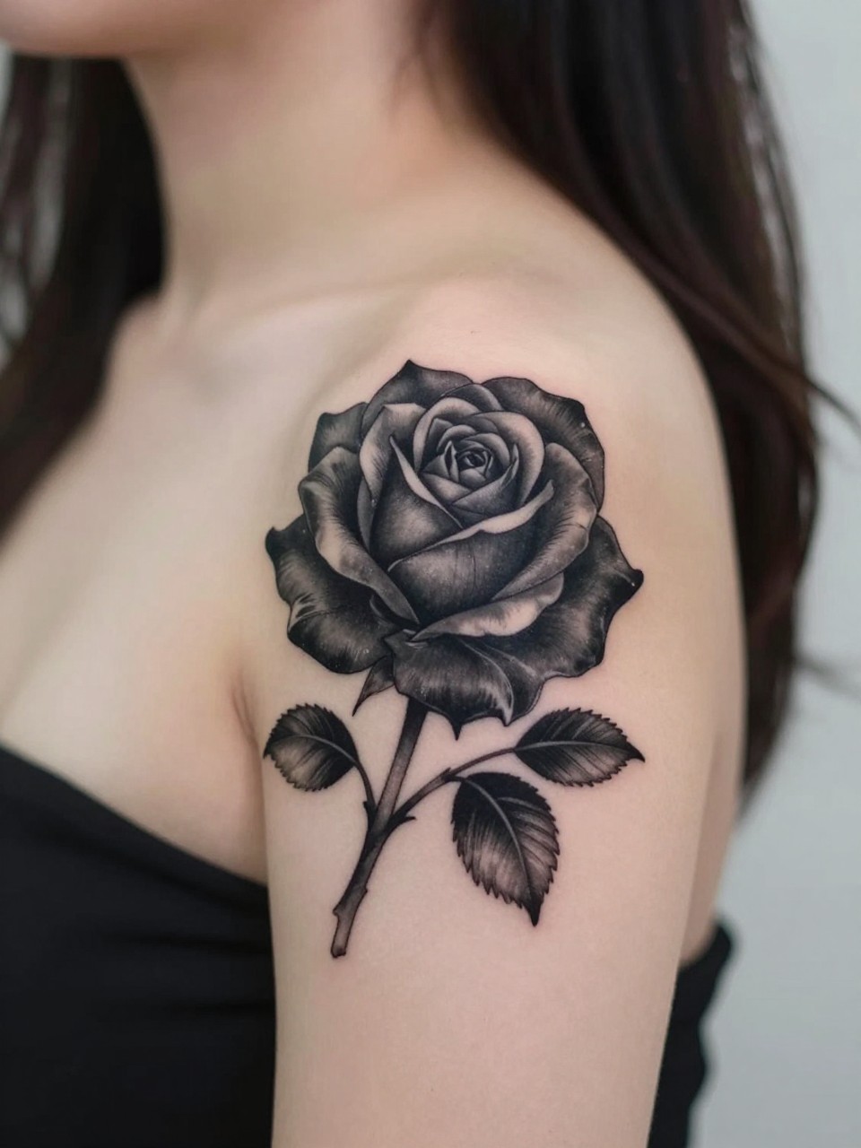  "design-focused close-up of a black rose tattoo on the shoulder, rich black petals, soft grey shading, elegant floral placement, realistic skin texture, off-shoulder top visible, tight crop, minimal blurred background, feminine modern tattoo inspiration photo (no watermarks on images)"