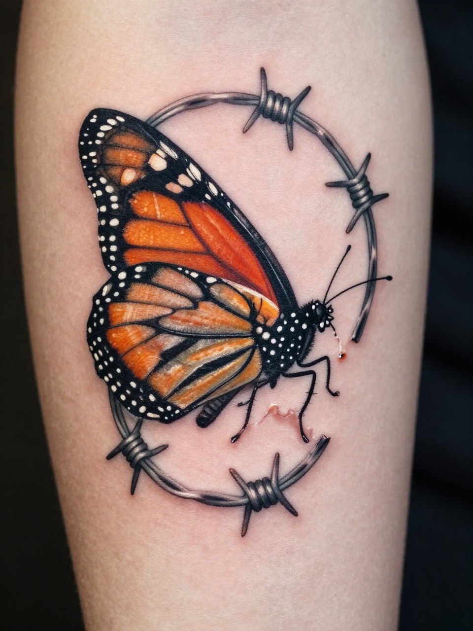 "Macro shot of a bicep tattoo: a hyper-realistic barbed wire cocoon tattoo splitting open, a monarch's wing pushing through. Metallic grey highlights on the wire, vivid orange on the wing."